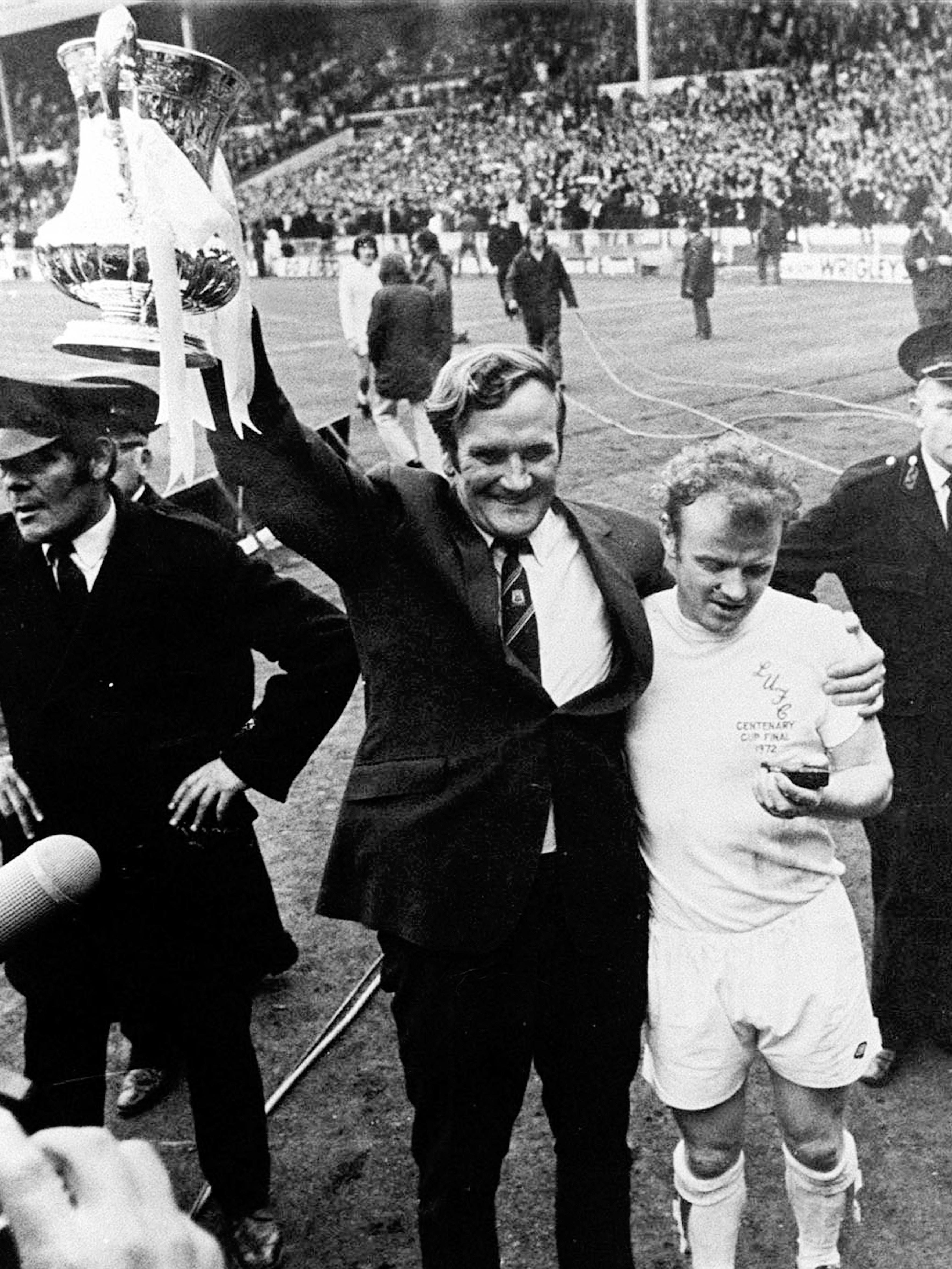 Don Revie manager of Leeds United holding aloft the FA Cup in 1972