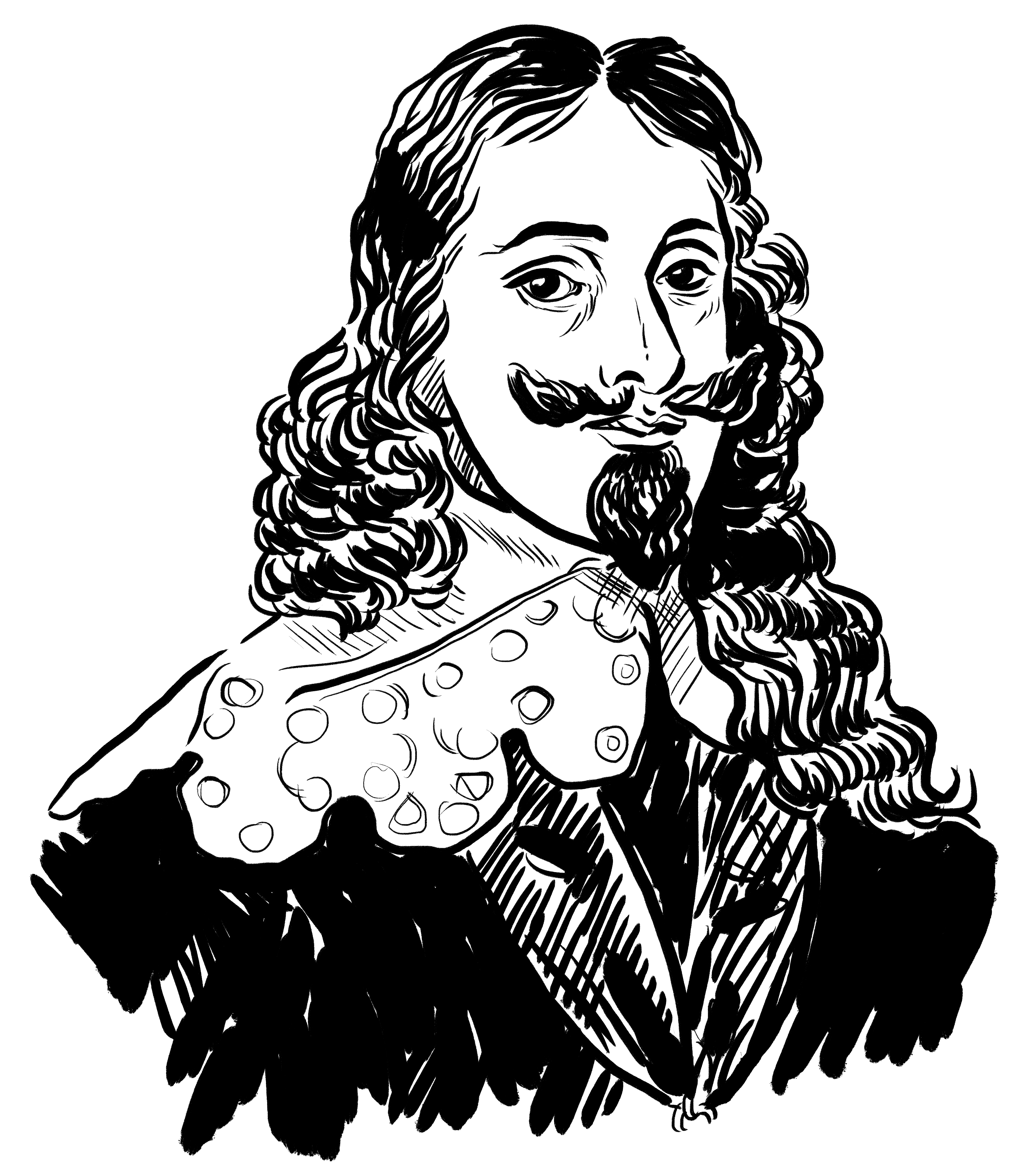Black and white drawing of a man with long flowing hair, moustache and small beard