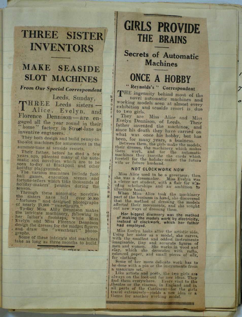 Photograph of newspaper clippings. One is titled 'Three Sister Inventors' and the other is titled 'Girls provide the brains'.