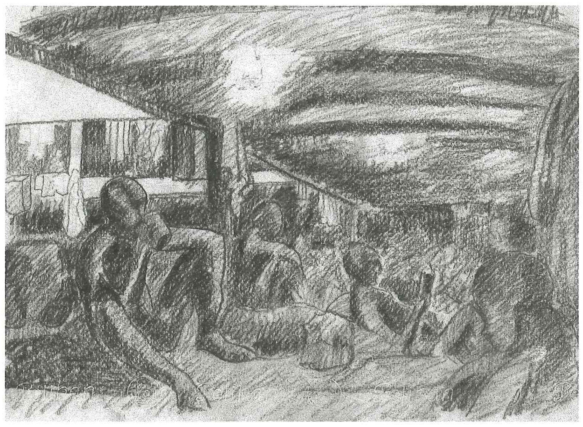 Pencil drawing showing prisoners of war sitting down in cramped conditions under the deck of a ship