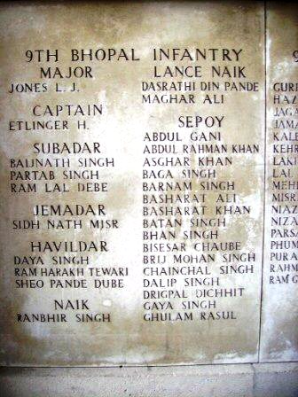 Colour photograph showing names of the 9th Bhopal Infantry soldiers who fell in Belgium during WW1