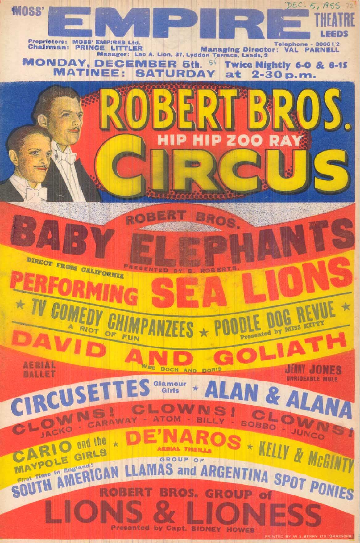 Colourful poster in curved stripes of red, yellow, blue and white advertising the circus. On the left is a drawing of the Roberts Brothers in suits and with moustaches.