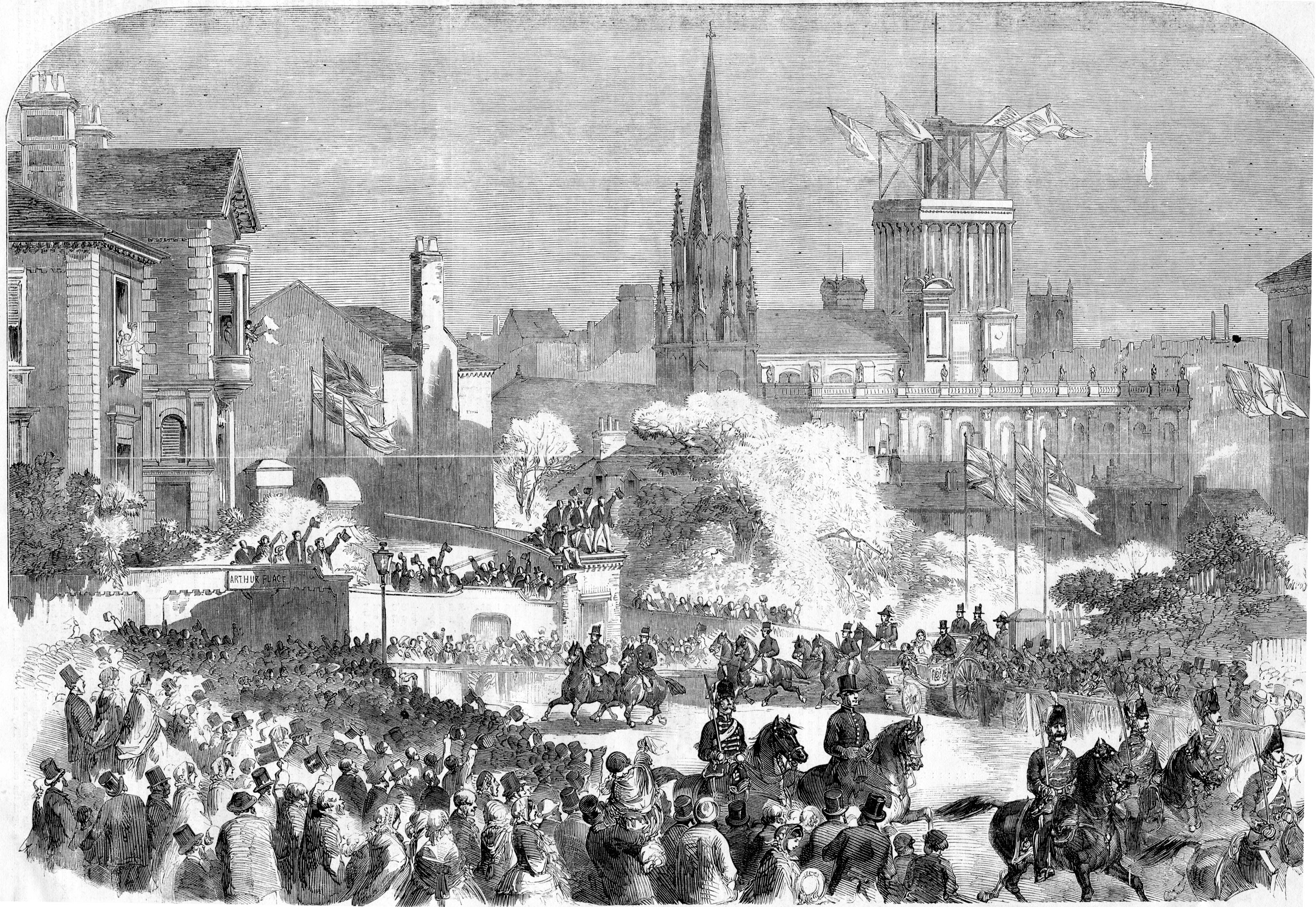 Black and white illustration showing the Queen and her large entourage in the streets.  Leeds Minster can be seen in the background