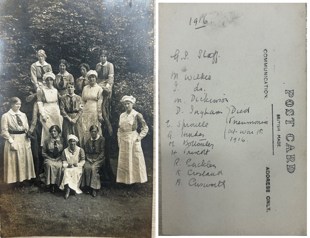 A black and white photograph of 12 female nurses in 1916, wearing uniforms and aprons, arranged in a symmetrical formation stood and seated in front of trees. The backside of the photograph has a handwritten list of their names and notes some of their deaths in WWI.