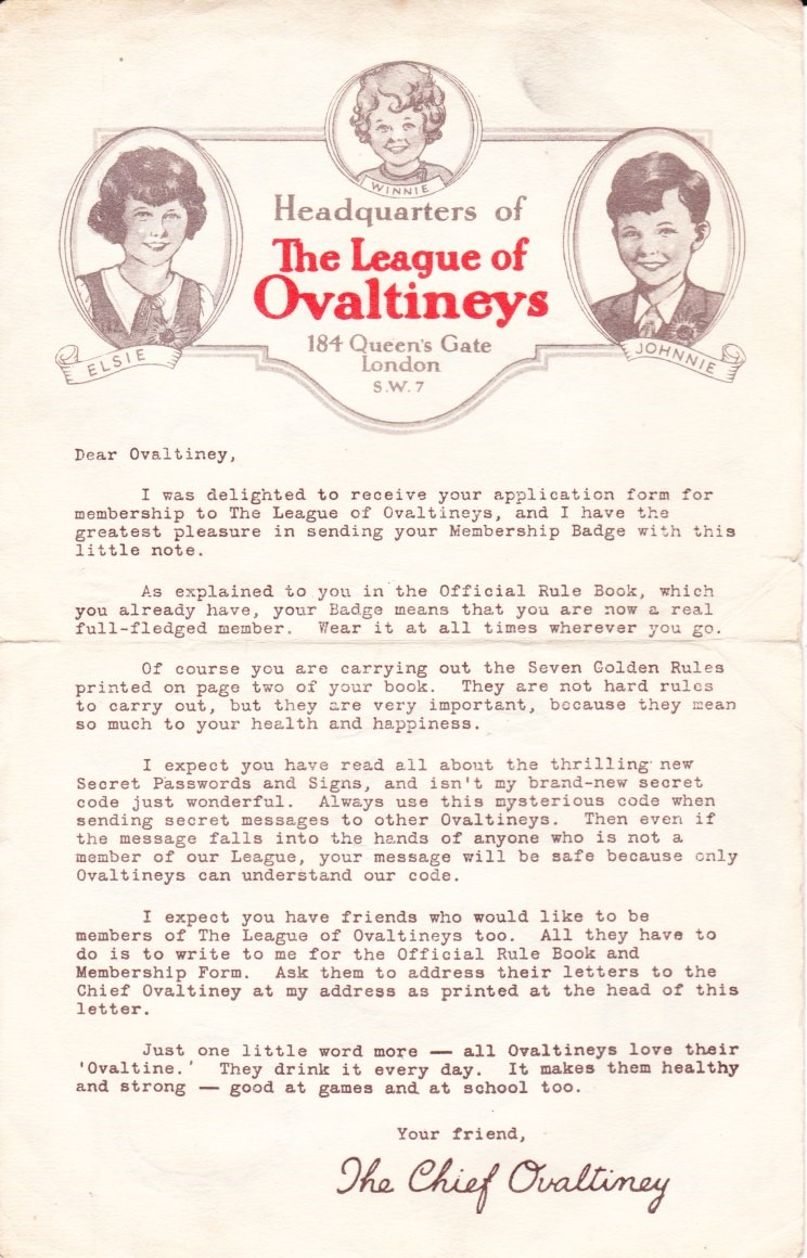 Ovaltineys Membership Letter