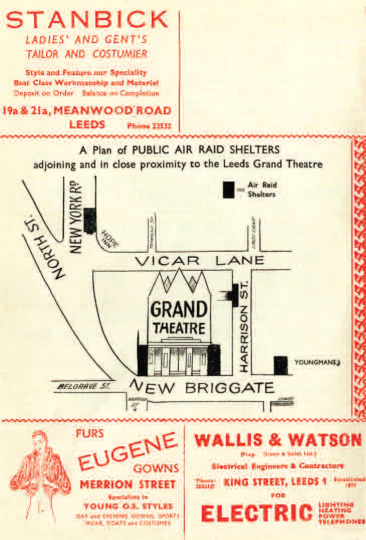 Programme showing location of air raid shelters in the cellars of the Grand Theatre.  There were also shelters on New York Road, one on New Briggate and one on Harison Street.