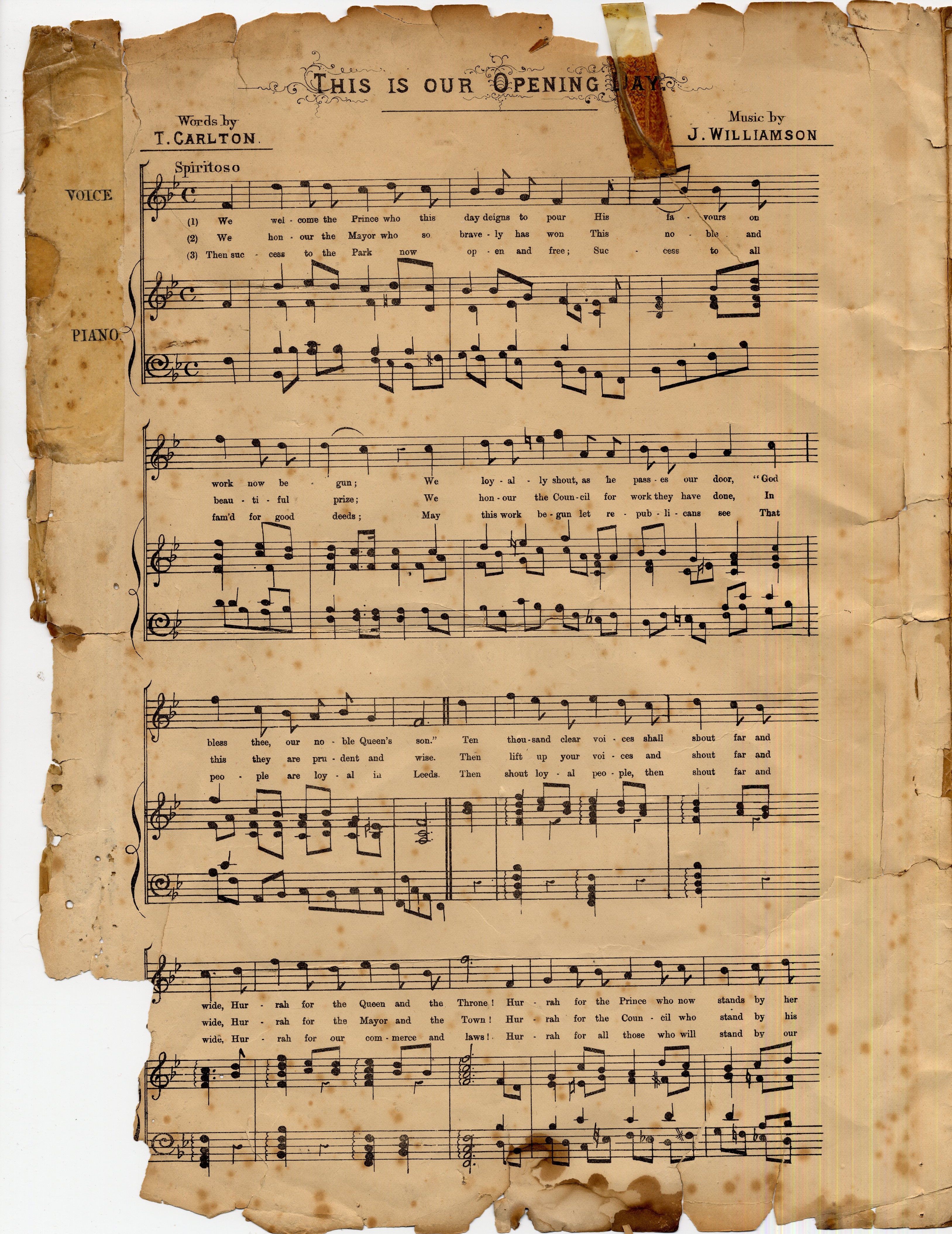 Yellowed paper sheet music showing four lines of staves of music.