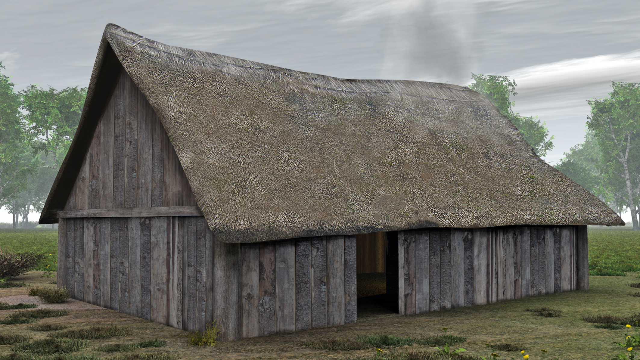 Reconstruction of how a Neolithic house might have looked, a large timber sided rectangular building with thatched roof