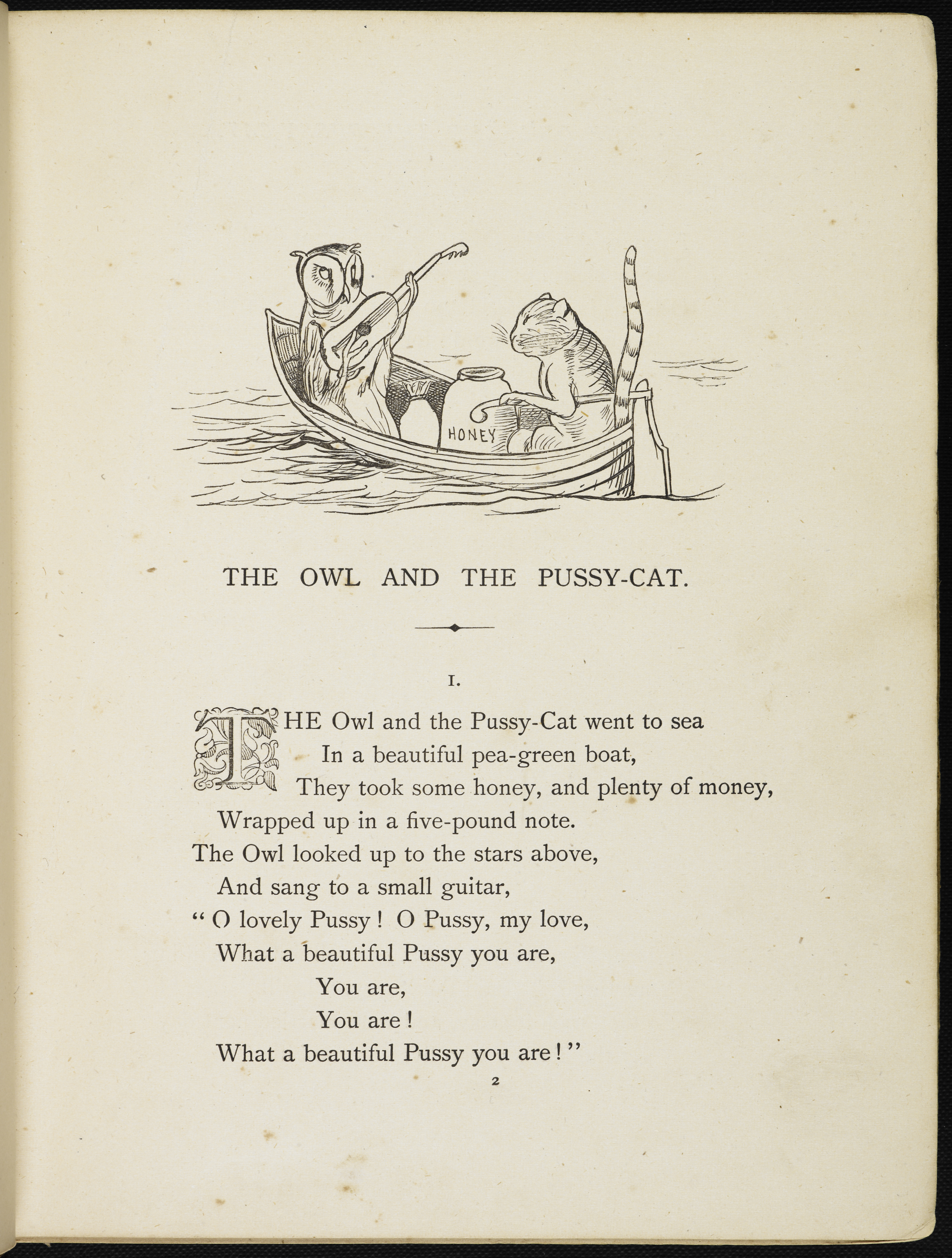 Illustrated page with the first part of the song, and an illustration of an owl and a pussycat in a boat.