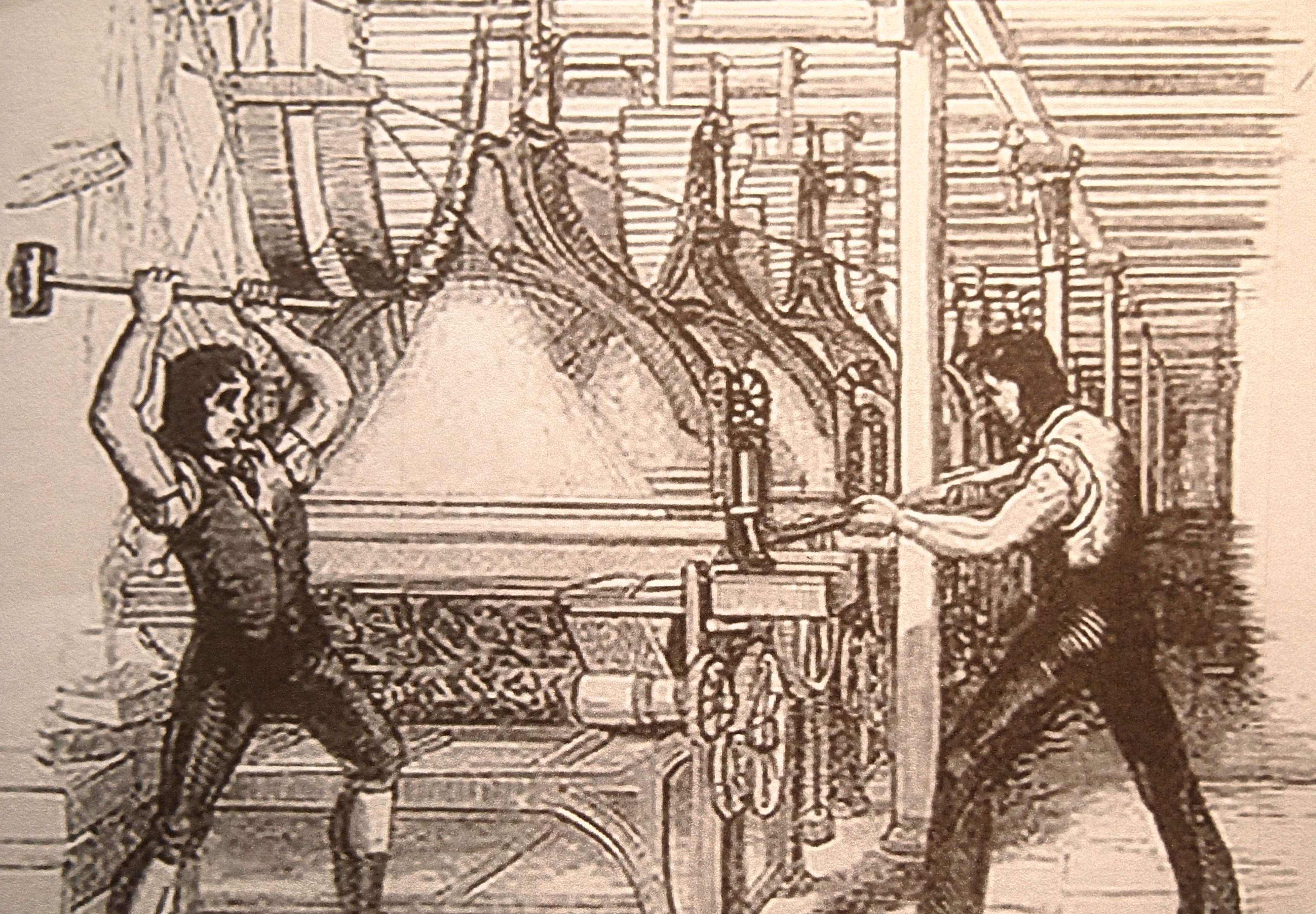 Engraving or sketch showing two men with large hammers attacking machinery in a mill