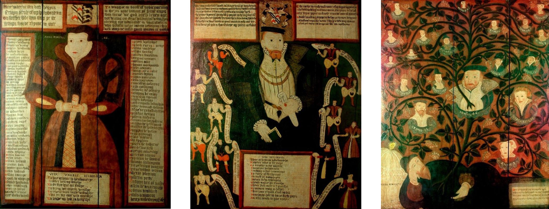 Triptych of paintings showing historical figures with ornate clothing, surrounded by text panels and genealogical tree branches, conveying a rich ancestral heritage.