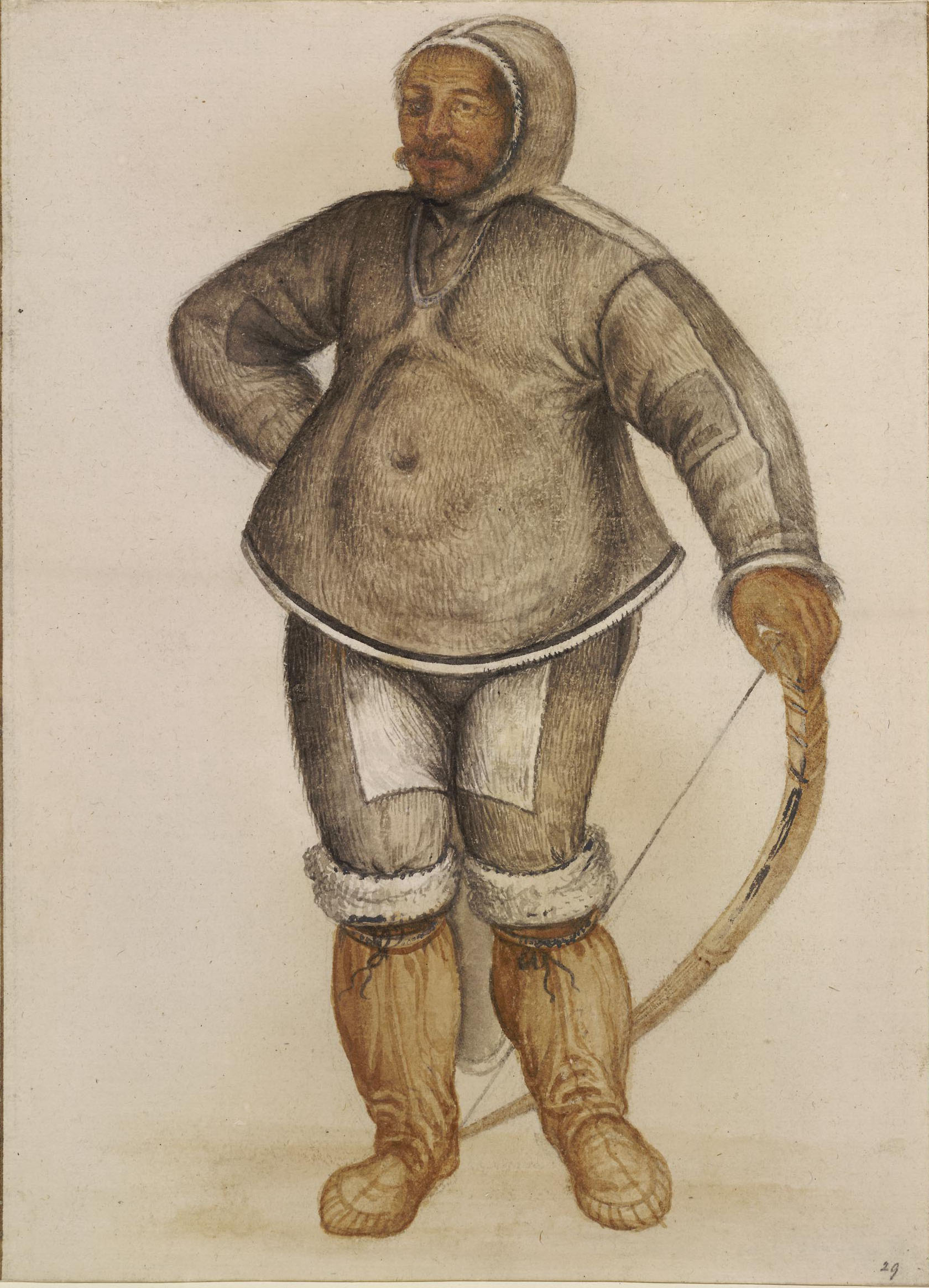 Watercolour image of Kalicho, an Inuit from Frobisher Bay wearing sealskin suit and holding a bow.