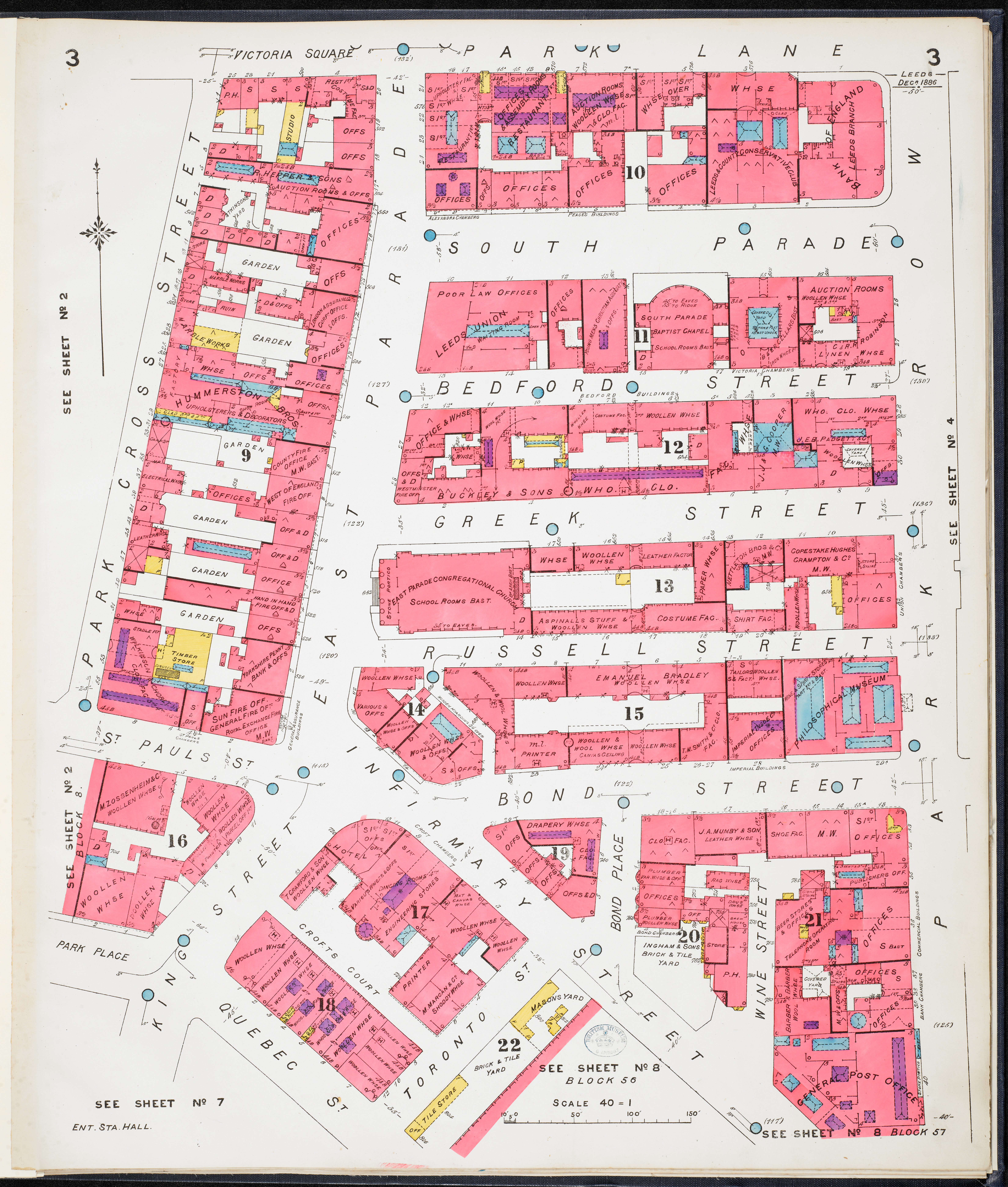 Map drawing of East Parade and surrounding streets in Leeds. Buildings are painted in pink.