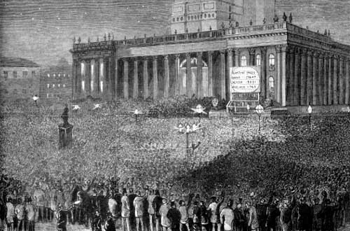 Black and white illustration showing the bottom half of Leeds town hall with a huge crowd of people outside