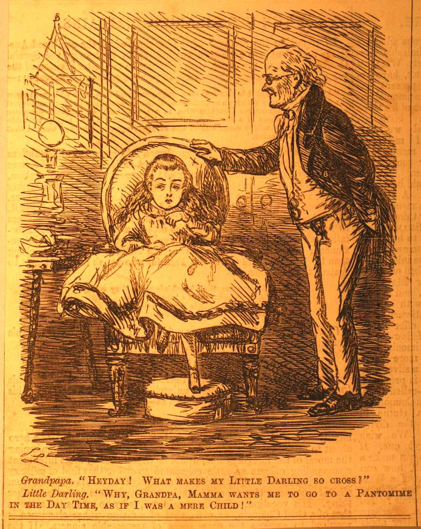 Cartoon showing a young rich girl sitting in a chair with her grandfather standing over her. She is upset because her 'Mama' is taking her to the pantomime during the day, like a child, rather than in the evening.