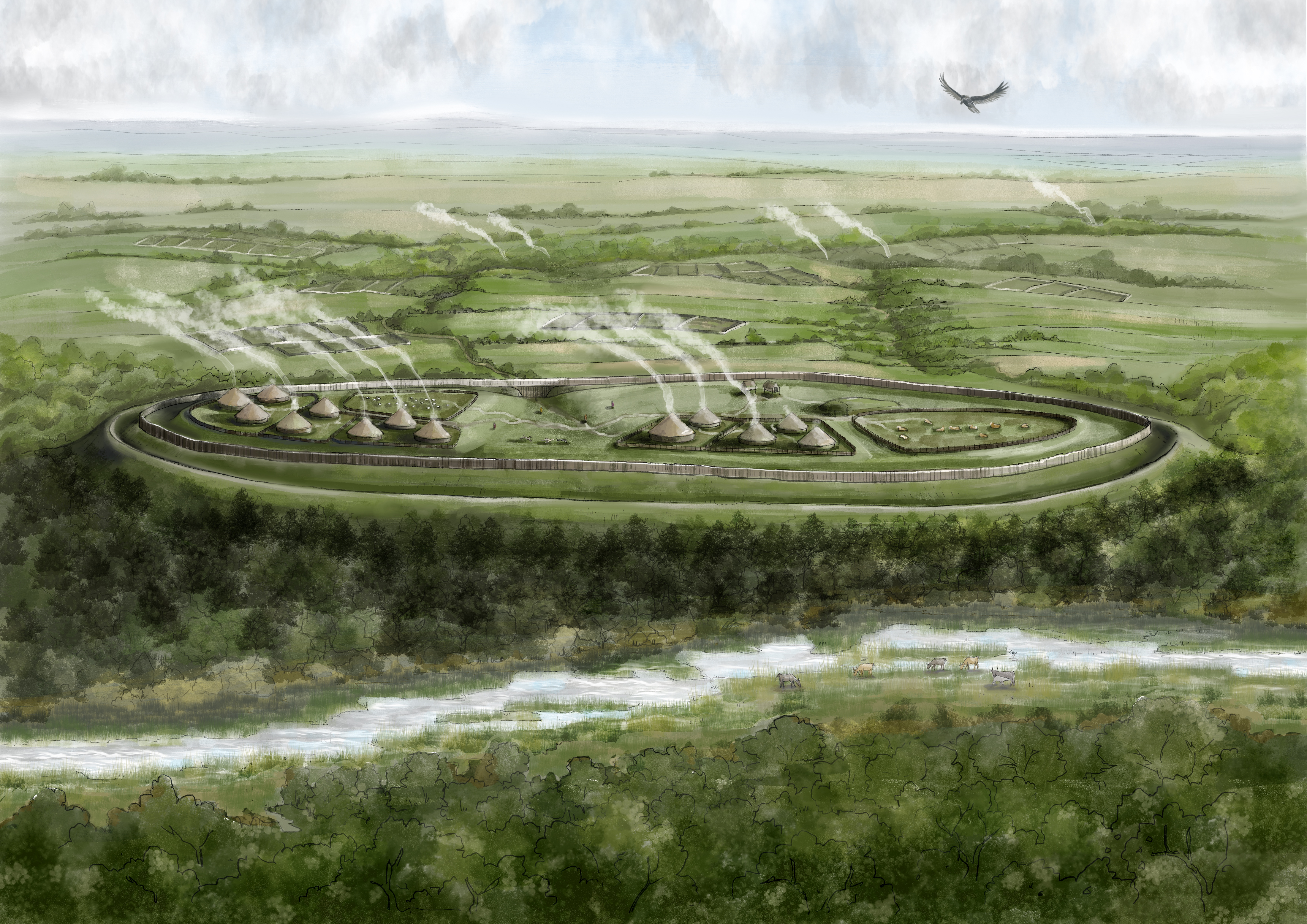 Illustration of an Iron Age hill fort amidst a landscape of fields and trees