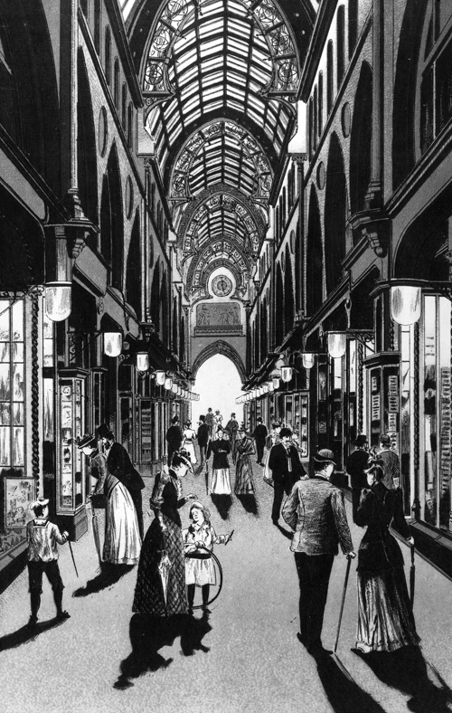Black and white illustration of a beautifully decorated long, narrow arcade with shops on either side.  There is a glass ceiling and  lots of wealthy looking people walking around.