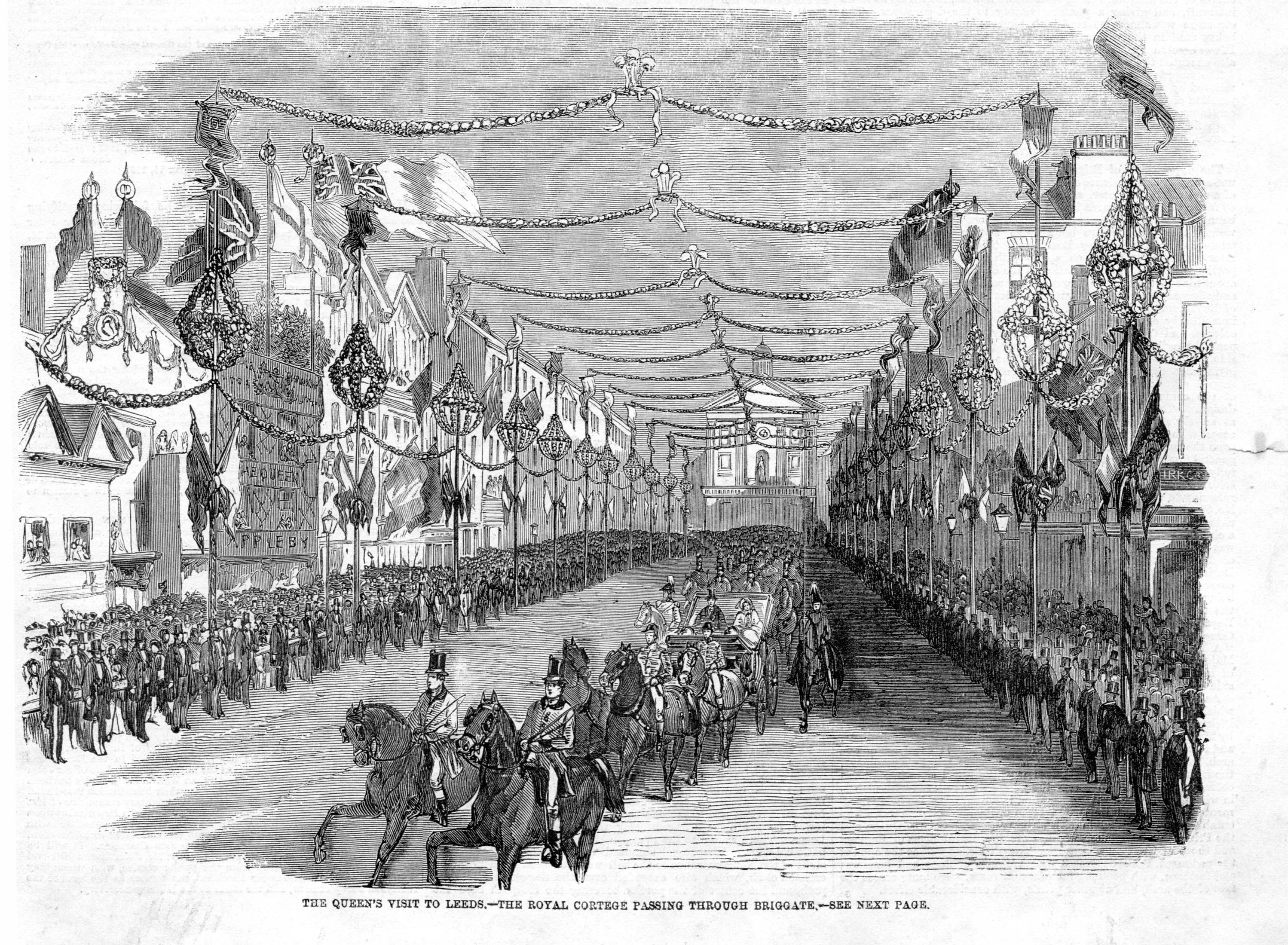 Illustration showing buildings on either side of a wide street which is festooned with bunting.  Down the centre of the street is a parade of horses with a carriage with Queen Victoria in it.