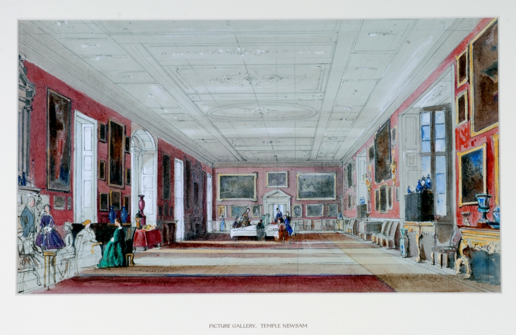Painting of the picture gallery showing a long room with paintings on either side. The wallpaper is red (it is now green) and there are people sitting in chairs on one side.