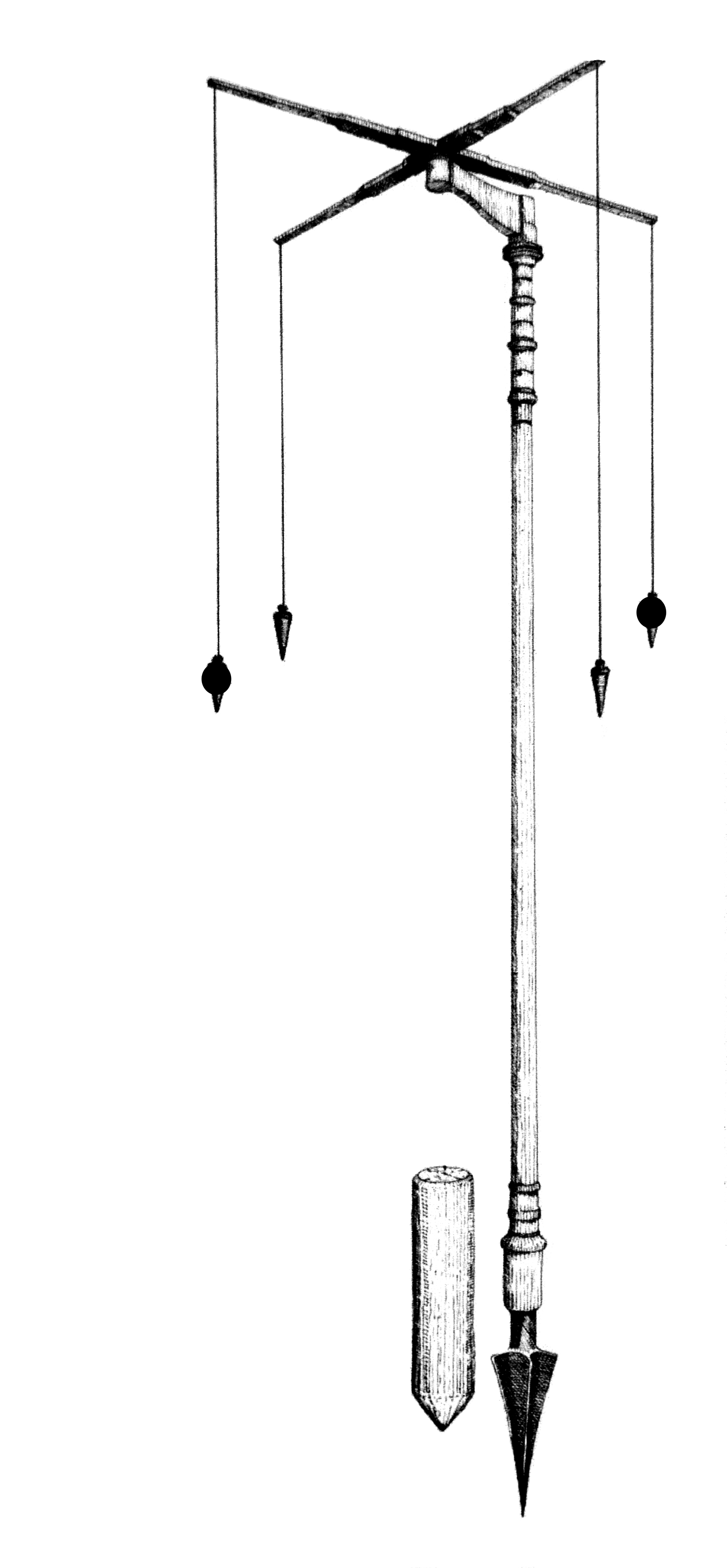 Drawing of a roman groma. Showing a long vertical stick, with a cross shape of smaller sticks mounted on the top. A string is tied to the end of each arm of the cross and a small weight is on the end of each line.