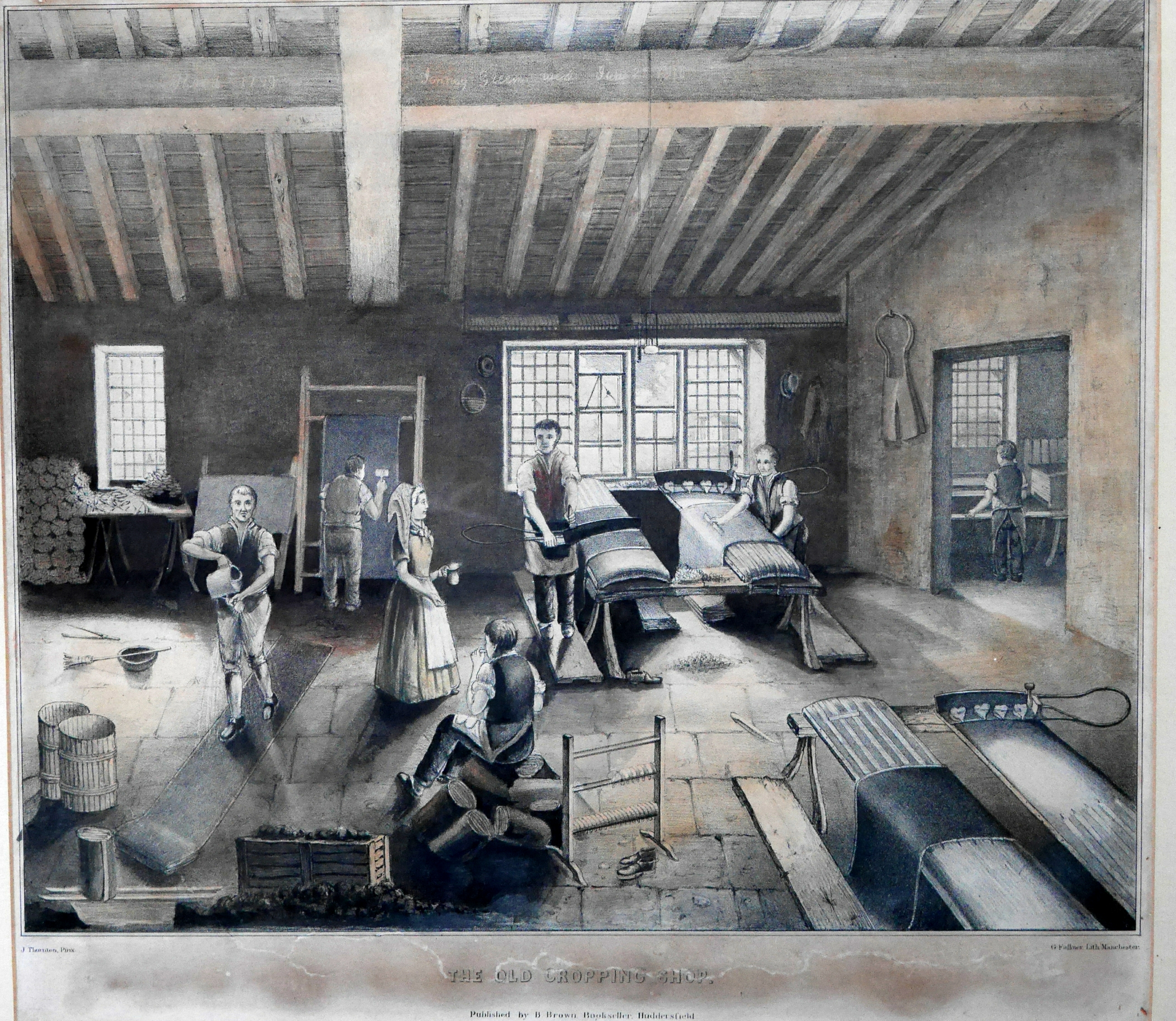 Black and white illustration showing workers cropping woollen cloth to remove bobbles.  There are many tables with cloth and cropping shears