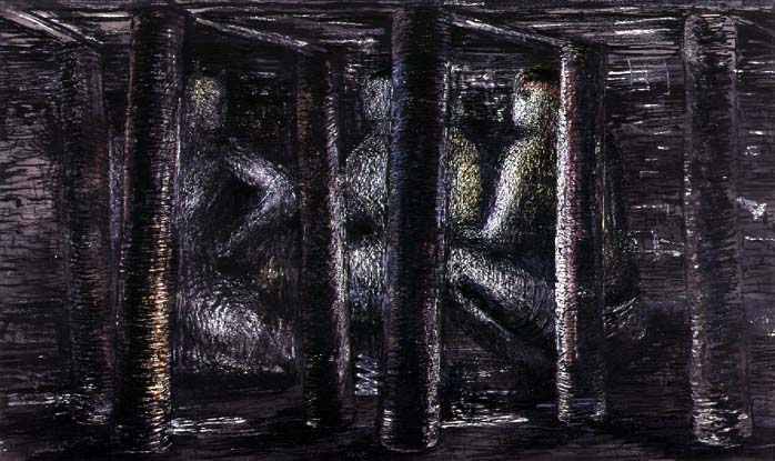 Miners Resting During Stoppage of Conveyer Belts by Henry Moore, 1942, image shows the interior of a mining tunnel with three miners kneeling at rest surrounded by wooden props. They are highlighted with white flecks as the lamps illuminate them and the props