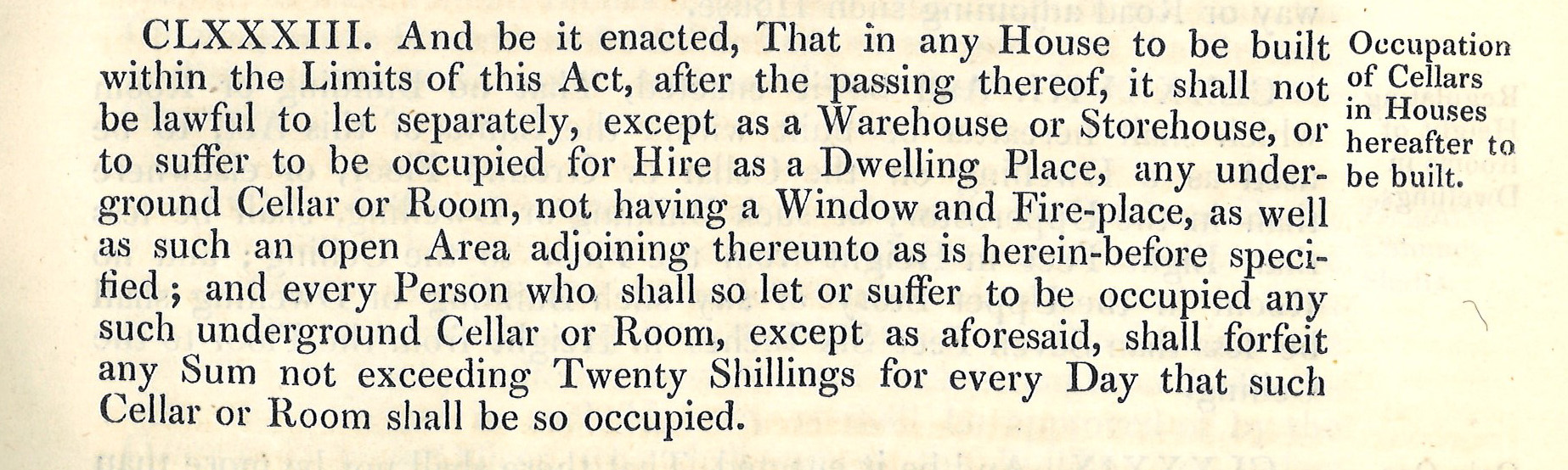 Extract from the 1842 Leeds Improvement Act.  This section prohibits the renting out of cellar accommodation without windows or a fireplace.