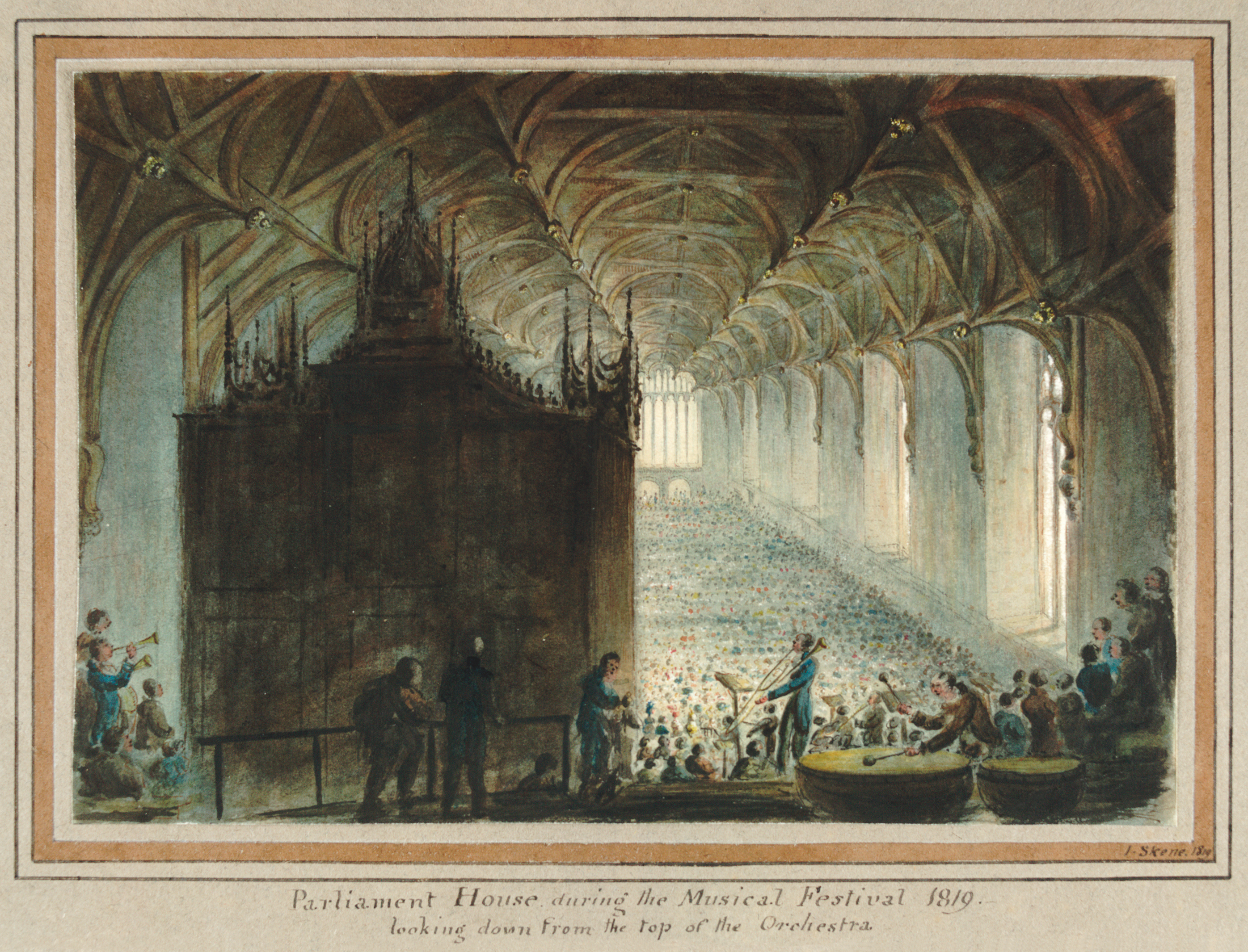 Watercolour painting of Parliament House during the Music Festival in 1819. It is from the viewpoint of the back of the orchestra. We can see the audience filling the hall and some parts of the orchestra