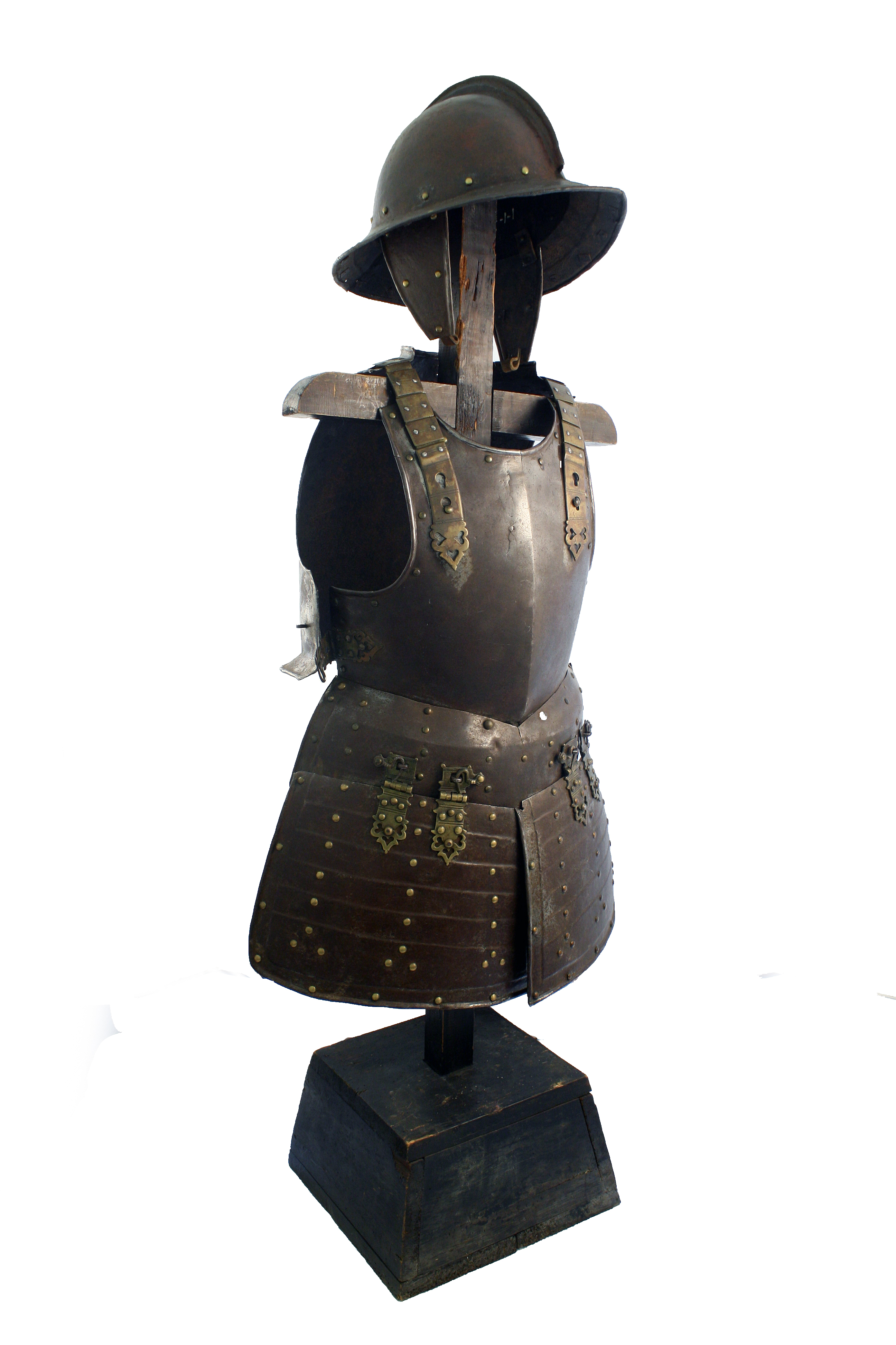 Civil war pikeman's armour displayed on a wooden stand