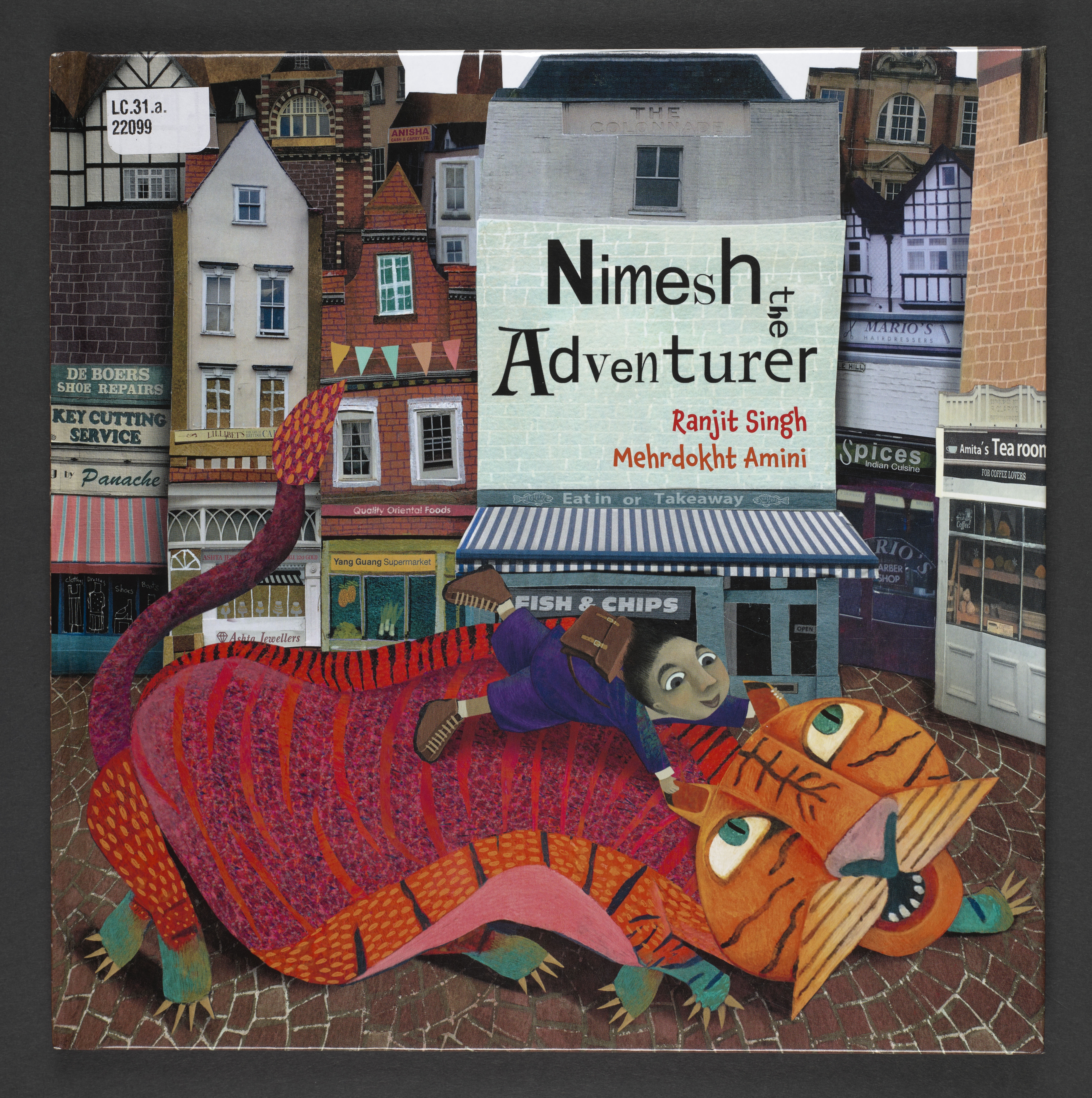 Colour illustration showing a child riding a large, six-legged cat like creature in the middle of a town.