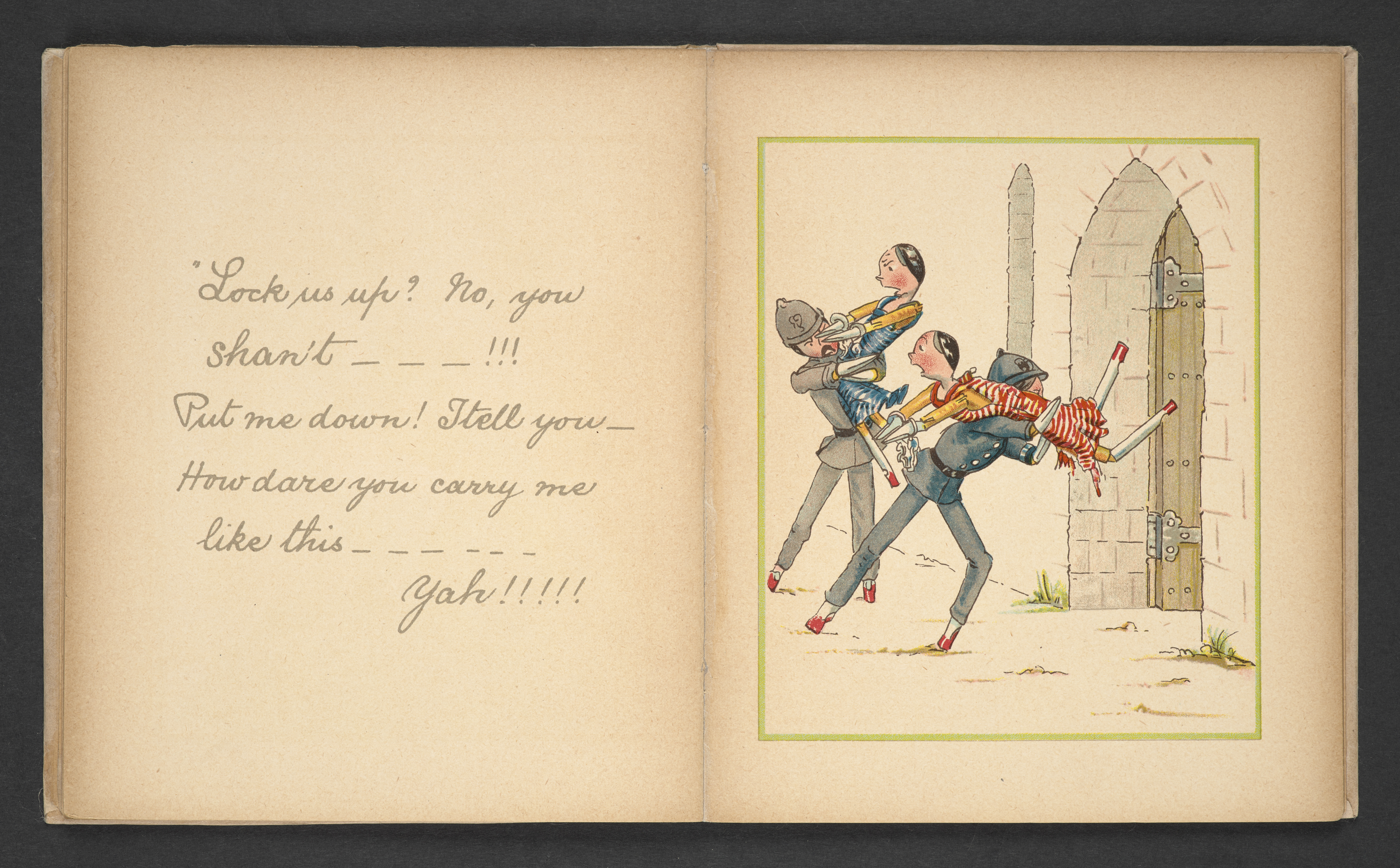 Double page spread showing part of the story on one page and an illustration of two female peg doll characters being carried into prison by male police.