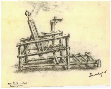 Pencil sketch of a chair made entirely from bamboo held together by rope or twine.