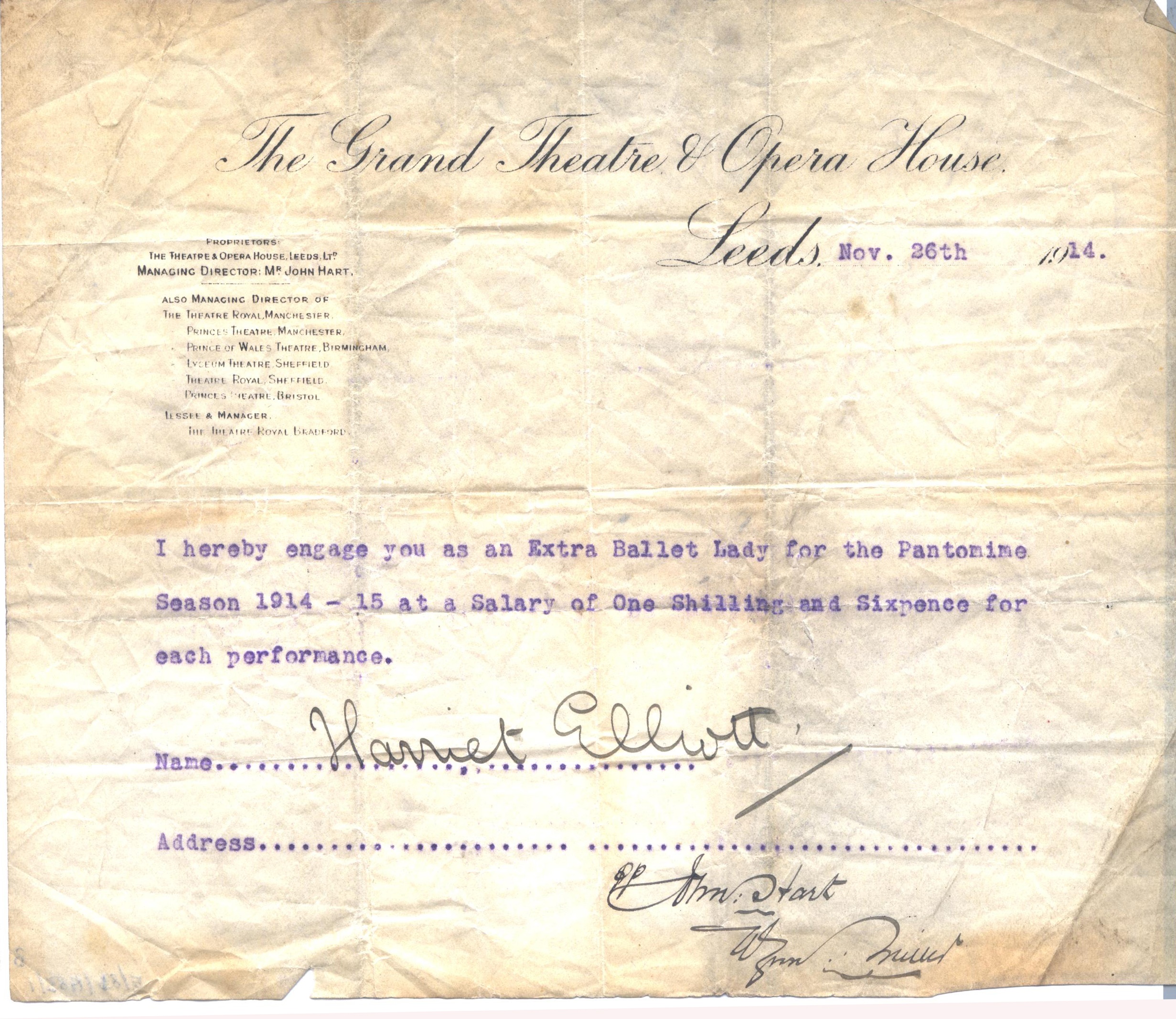 Printed contract for a pantomime actor in 1914. It's from the Grand Theatre and Opera House in Leeds.  The actor will be paid one shilling and sixpence per performance.