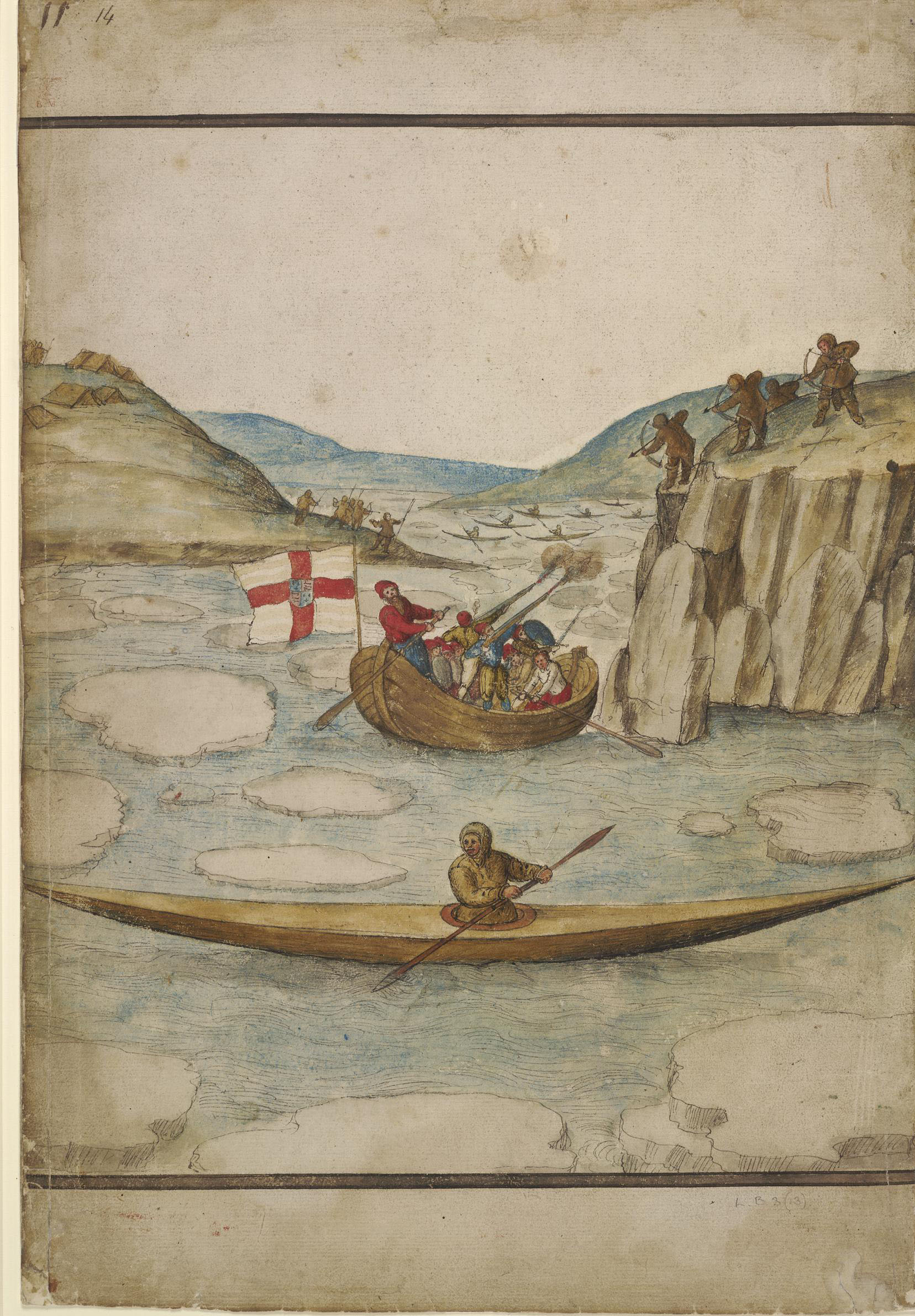 Coloured illustration showing a wooden boat flying an English flag, with an Inuit in a canoe, and other Inuit people on a cliff edge aiming arrows.
