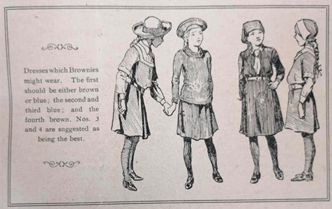 Black and white postcard featuring illustrations of four Brownies, all wearing slightly different uniforms