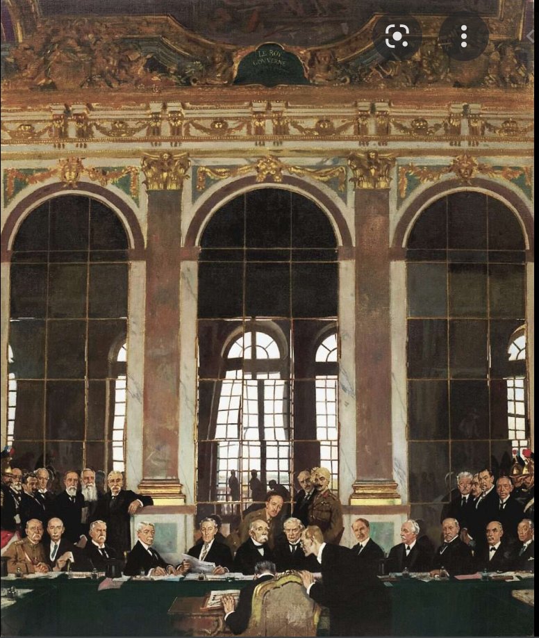 Oil painting showing a large group of White men and one Indian man in a richly decorated hall.
