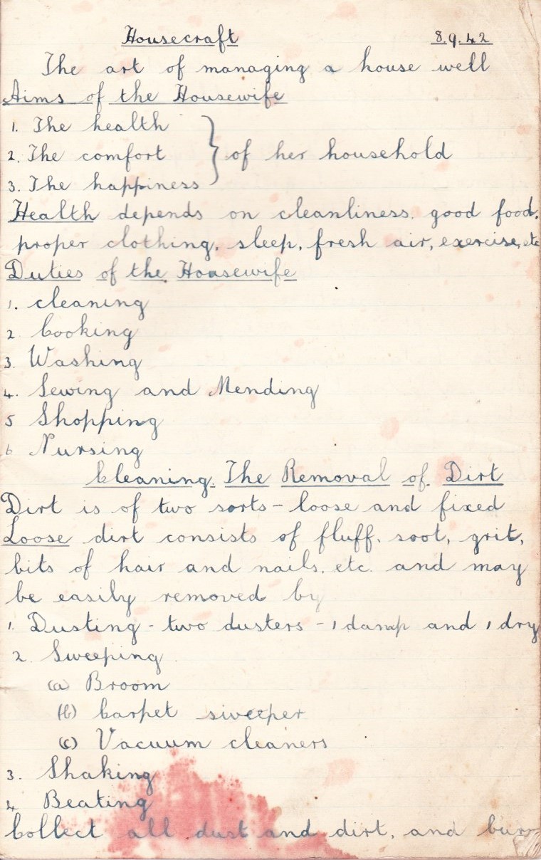 Handwritten notes on Housecraft lessons