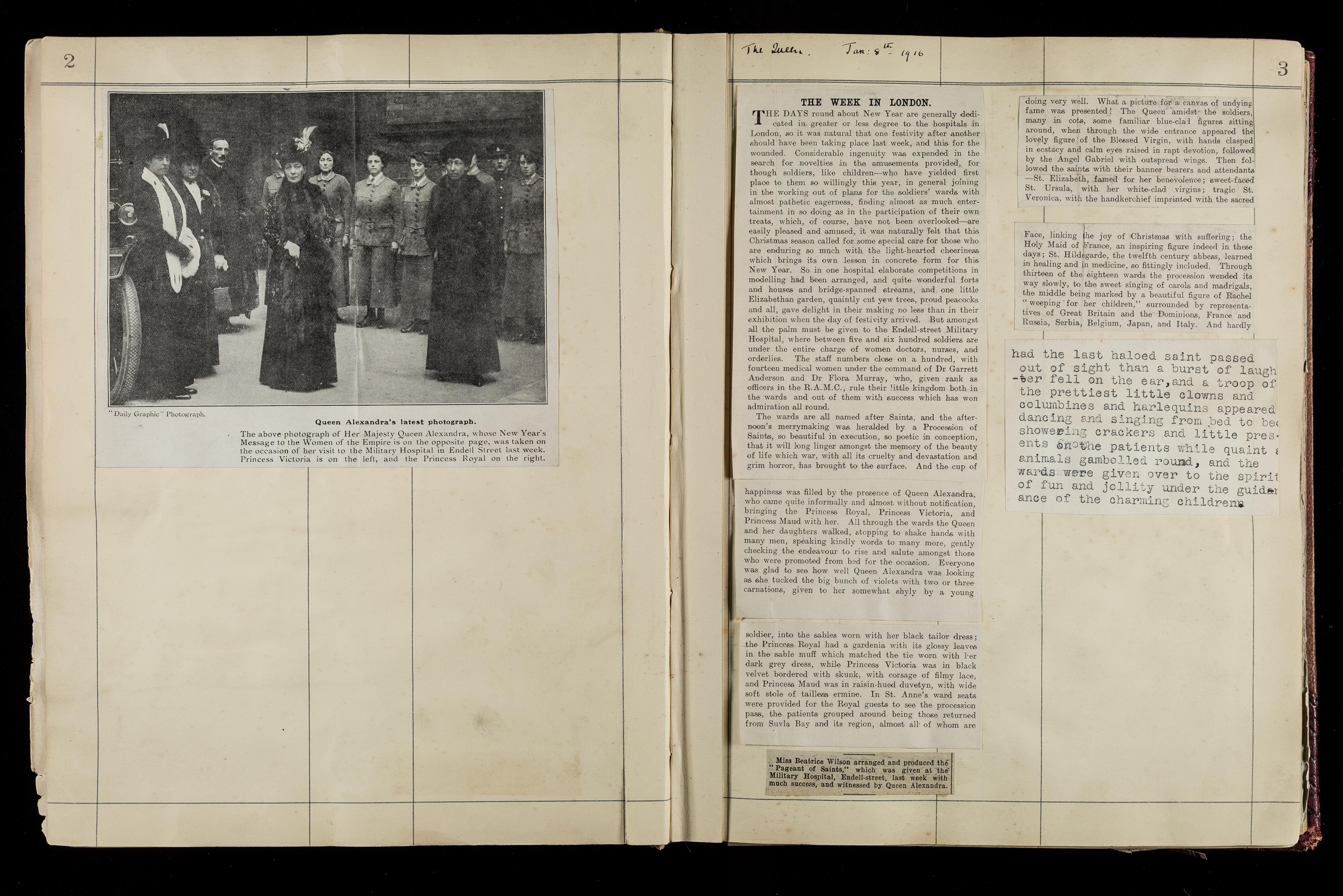 Page from Endell Street Scrapbook showing a newspaper clipping of the visit of Queen Alexandra and her daughter to the hospital in 1916