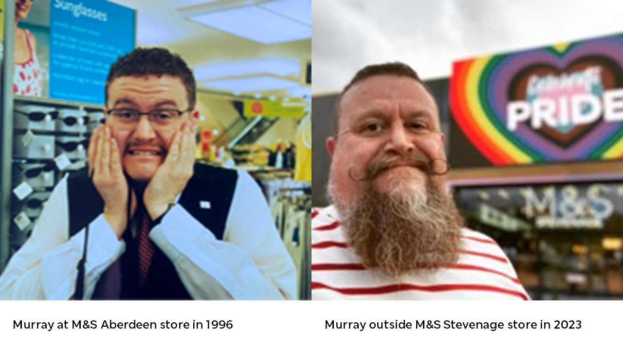 Split image of a man at M&S stores: left shows him in 1996 nervously posing in Aberdeen, right shows him confidently outside M&S Stevenage with a PRIDE sign in 2023.