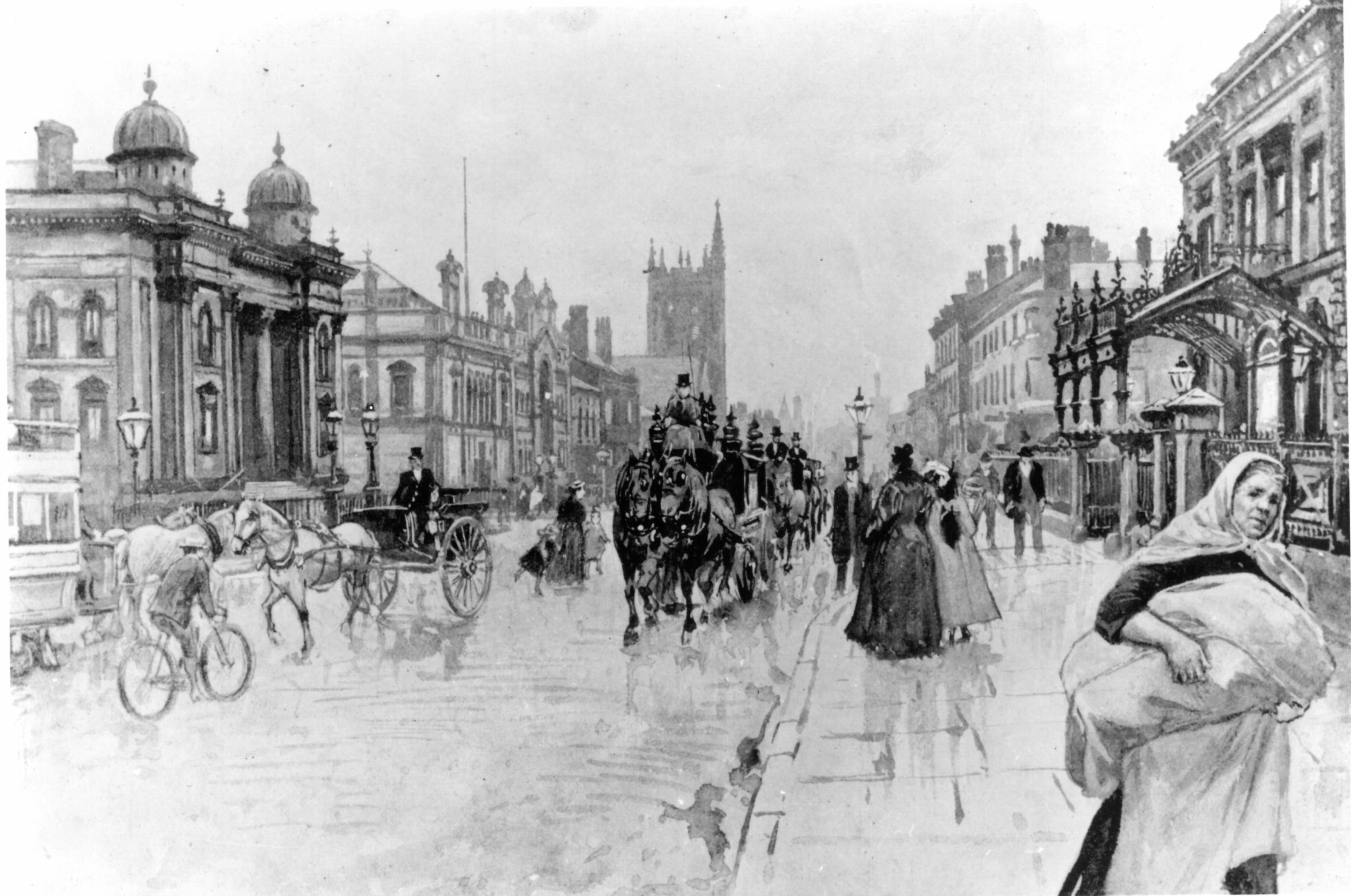 Black and white drawing of a busy late 19th century street with horse drawn carriages and numerous people milling about