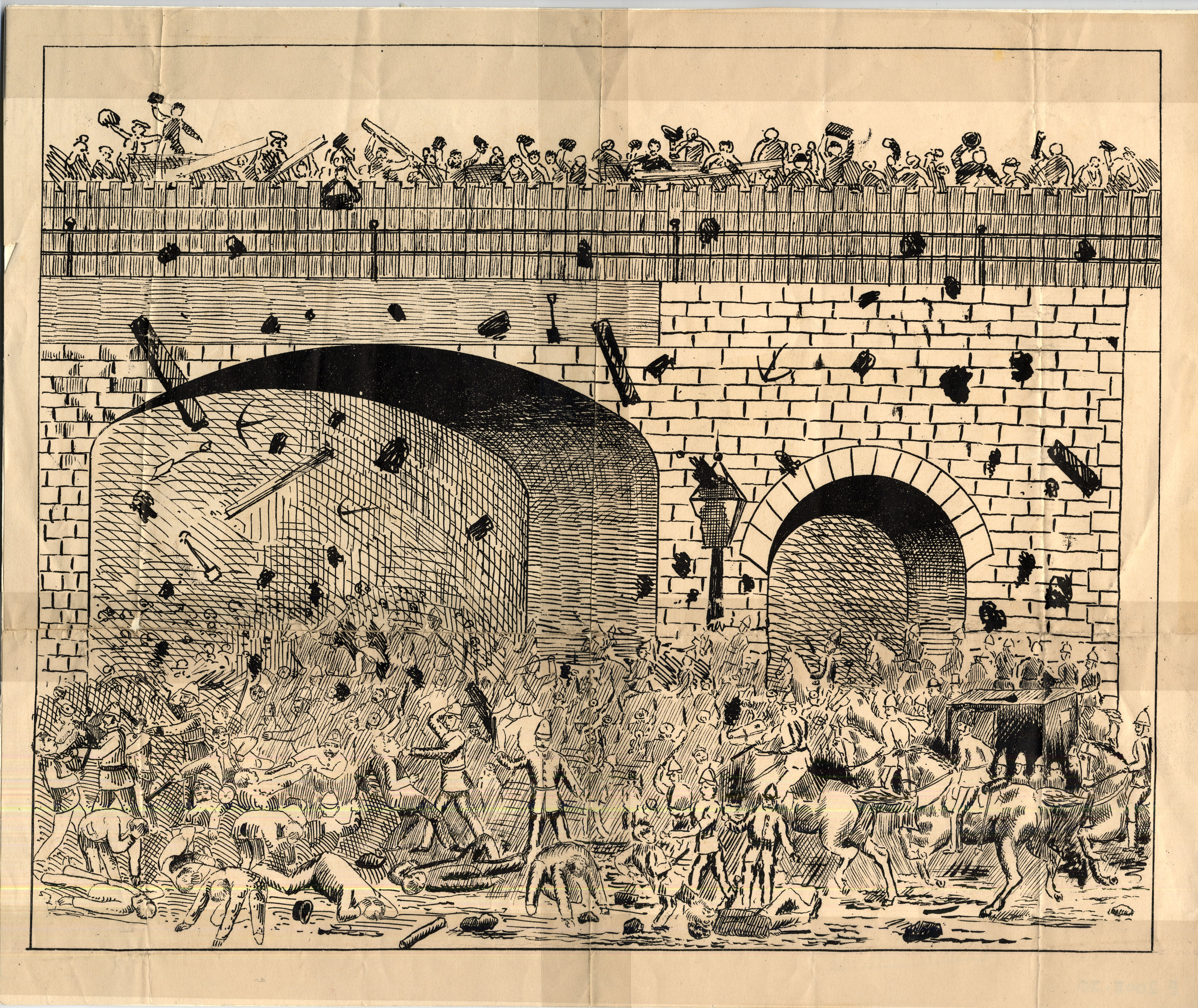 Black and white drawing showing a railway bridg with crowds of people both on the bridge and underneath it.  A range of debris is being thrown around and falling from the bridge, such as rocks, tools and railsay sleepers.
