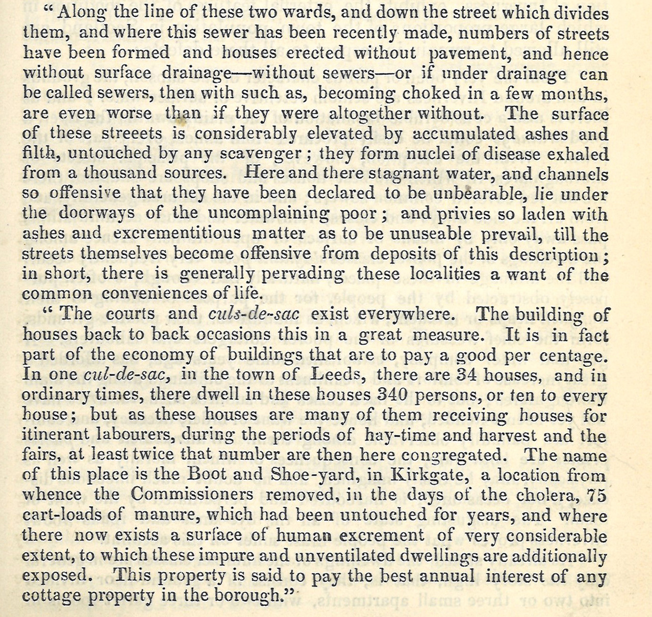 Extract includes: "The surface of these streets is considerably elevated by accumulated ashes and filth, untouched by any scavenger; they form nuclei of disease exhaled form a thousand sources."