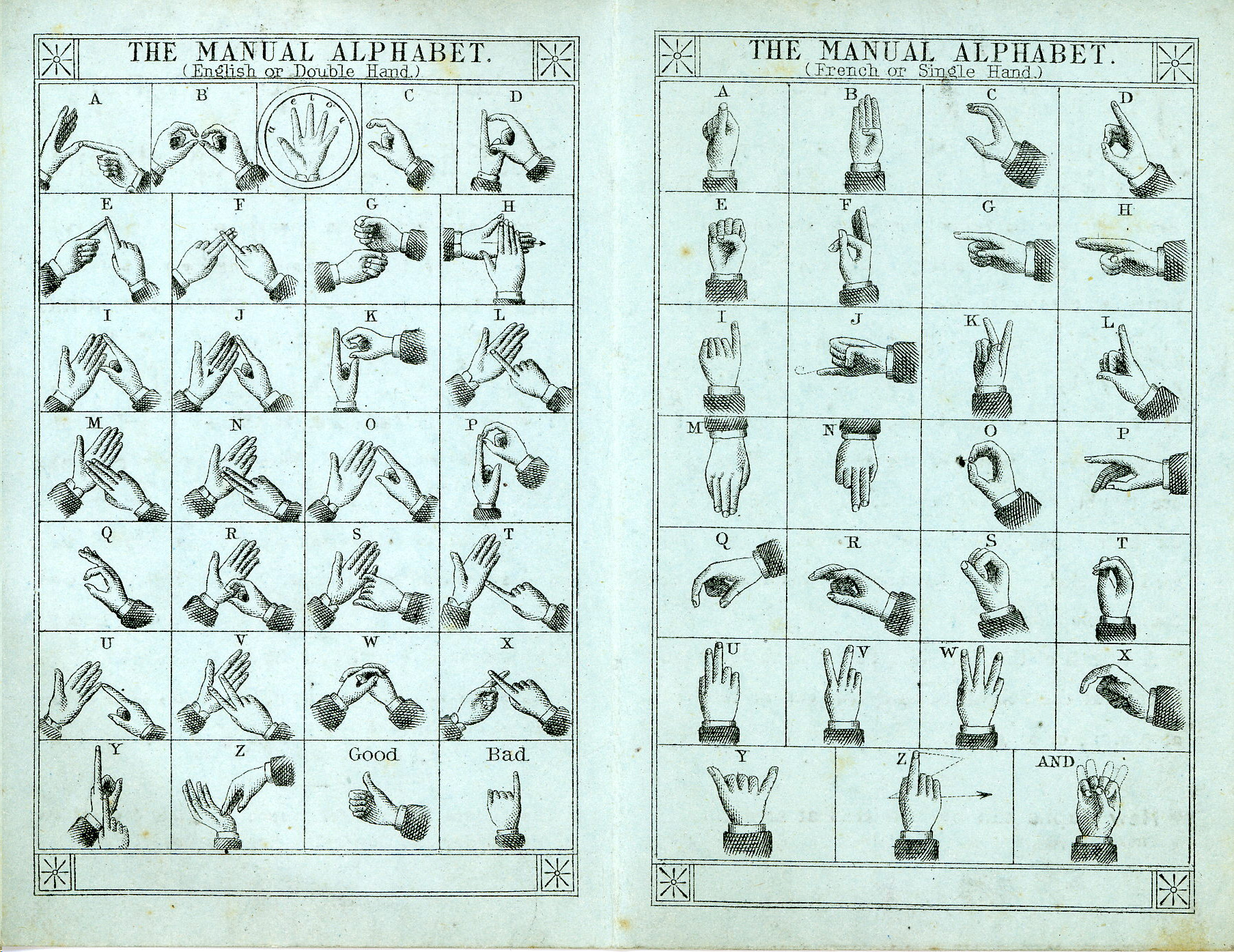 Double page spread showing sign language alphabet using both hands and one hand