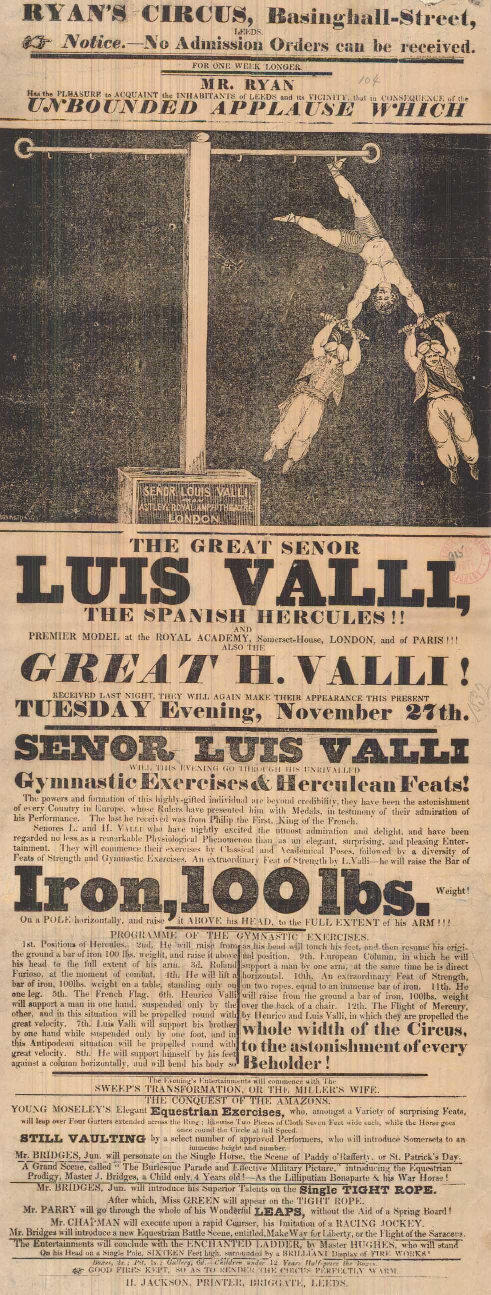 Flyer for Basinghall Street circus including a drawing representing strongman Louis Valli dangling off a structure by one ankle, while holding a person off the ground in each hand.