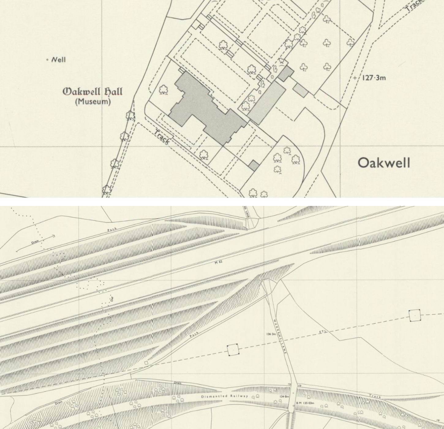 Two vintage maps, the first showing Oakwell Hall (Museum), with outlined structures, trees, and paths, and the second showing a disused railway line and new M62 road.