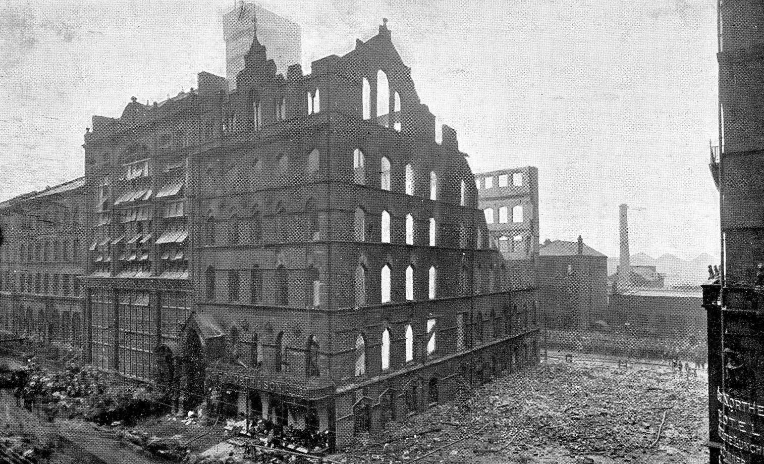 Fire damaged shell of a five storey building, it's roof and interior floor completely destroyed