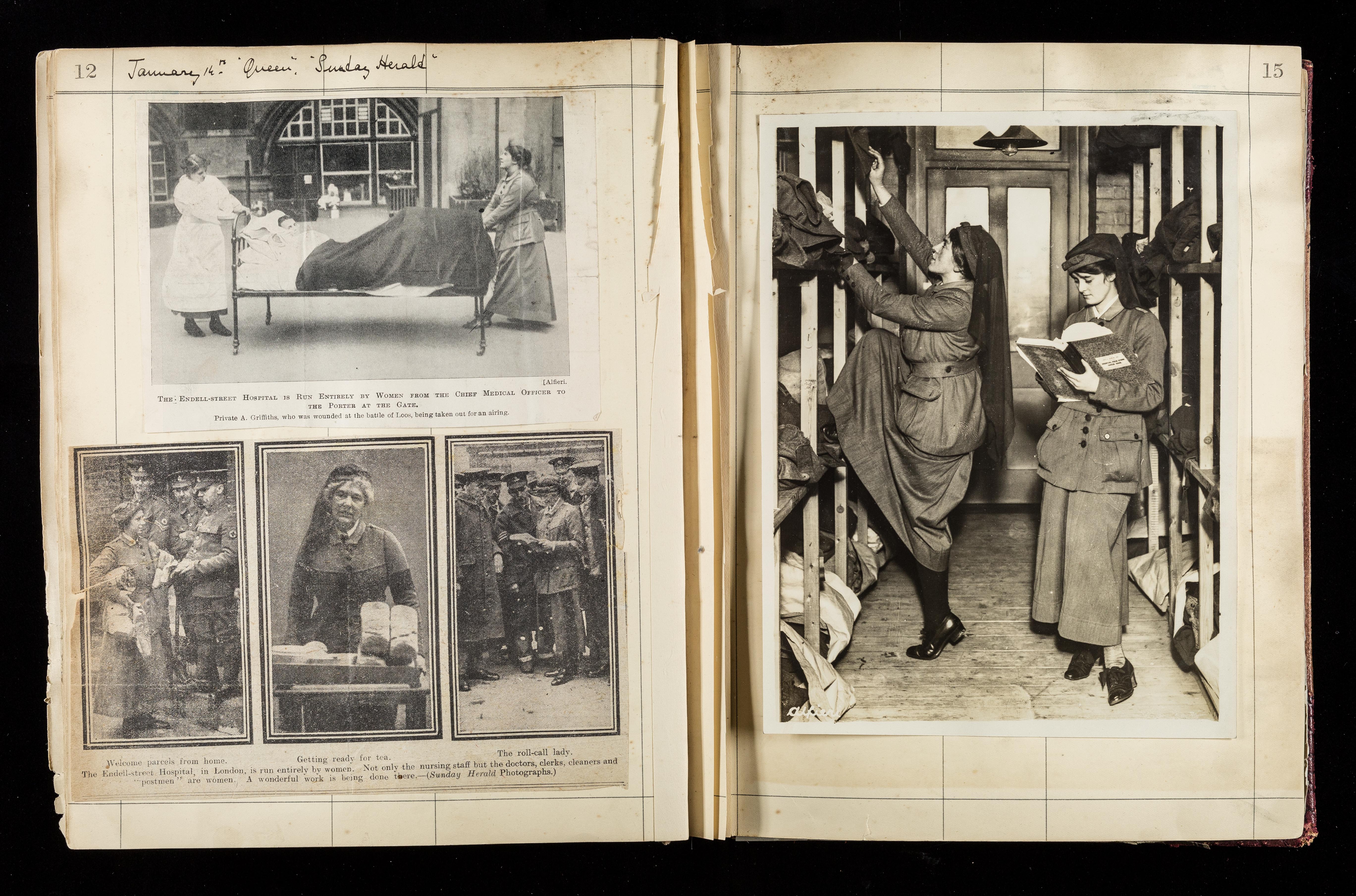 Page from Endell Street Scrapbook showing women working in the hospital