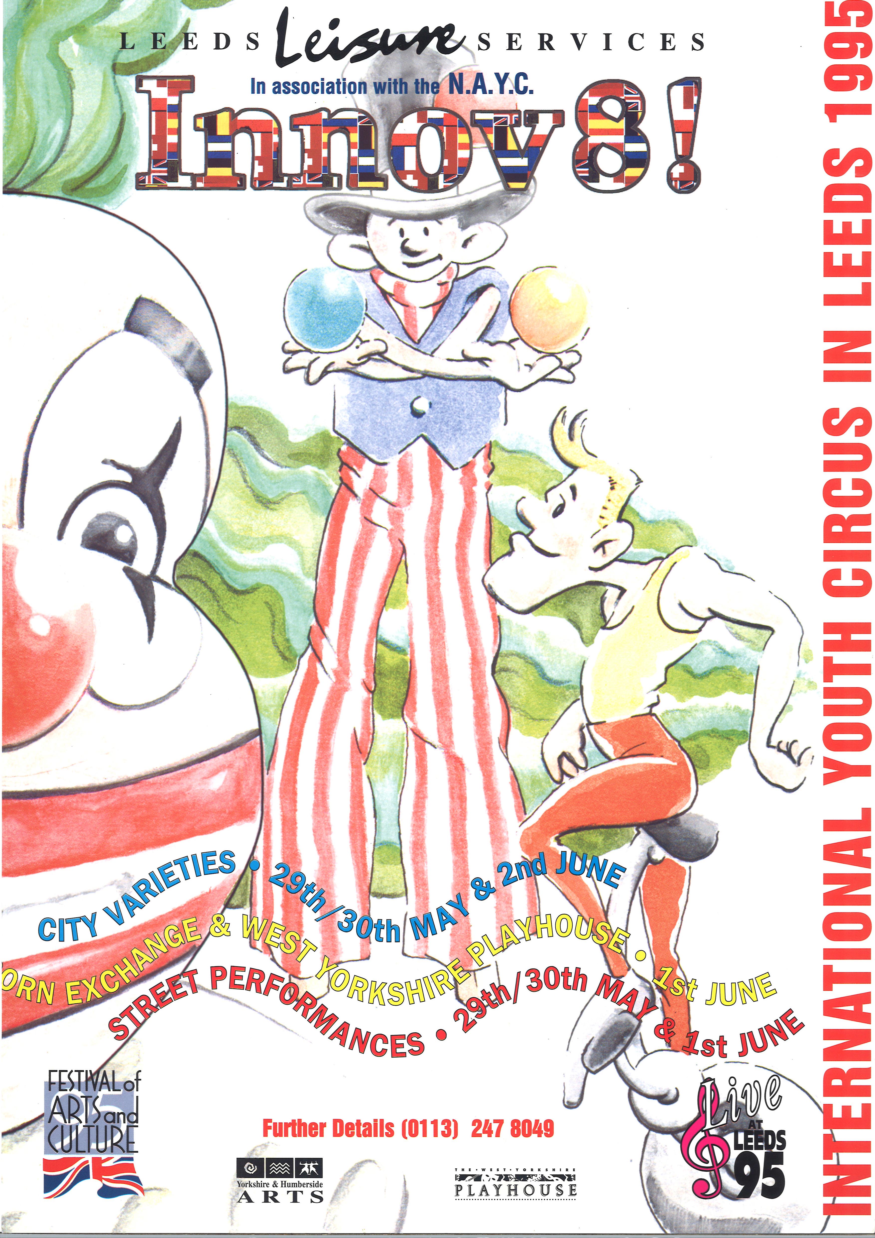 Poster with three characters drawn in cartoon style, a clown, a juggler and a person riding a unicycle.