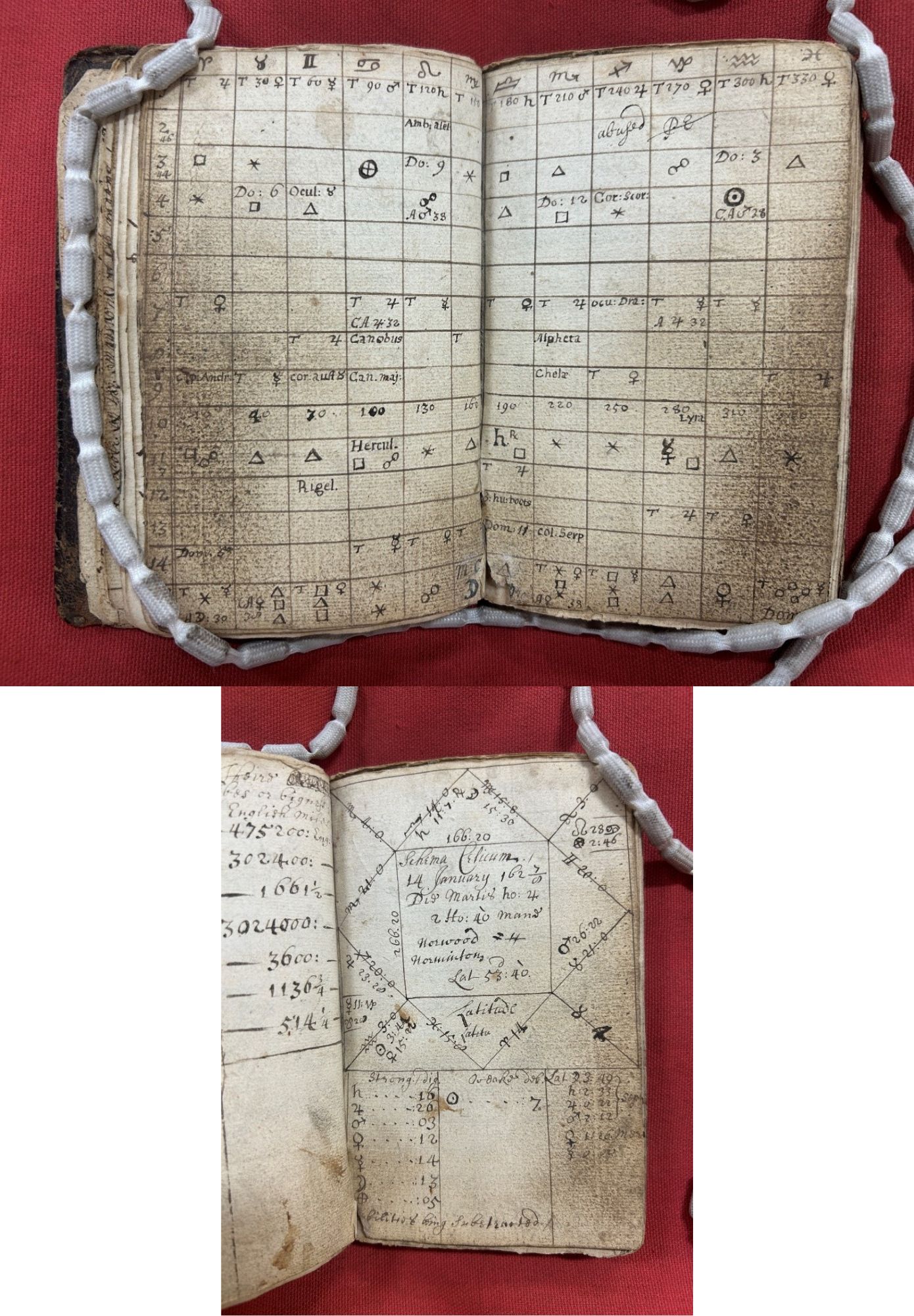 Antique book with aged, yellowed pages, open to handwritten tables and charts, filled with cryptic symbols and numbers.
