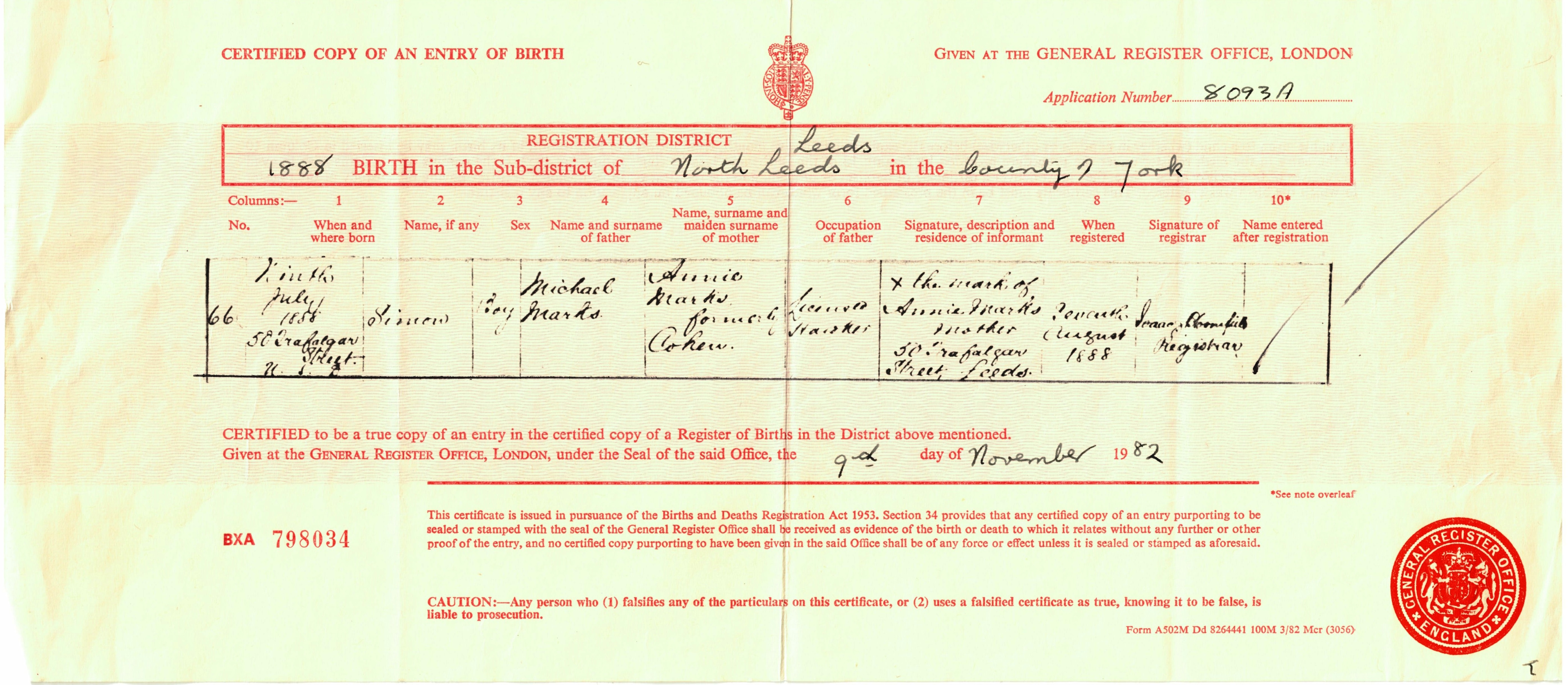 Photo of a hand written birth certificate